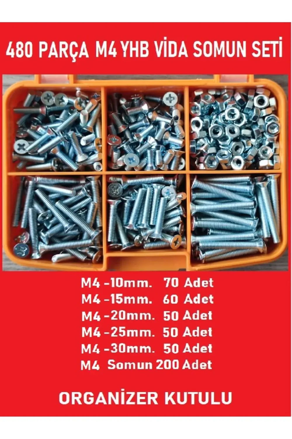M4 Yhb Vida Somun Seti-480 Adet-metrik 4mm-boy 10-15-20-25-30 Mm
