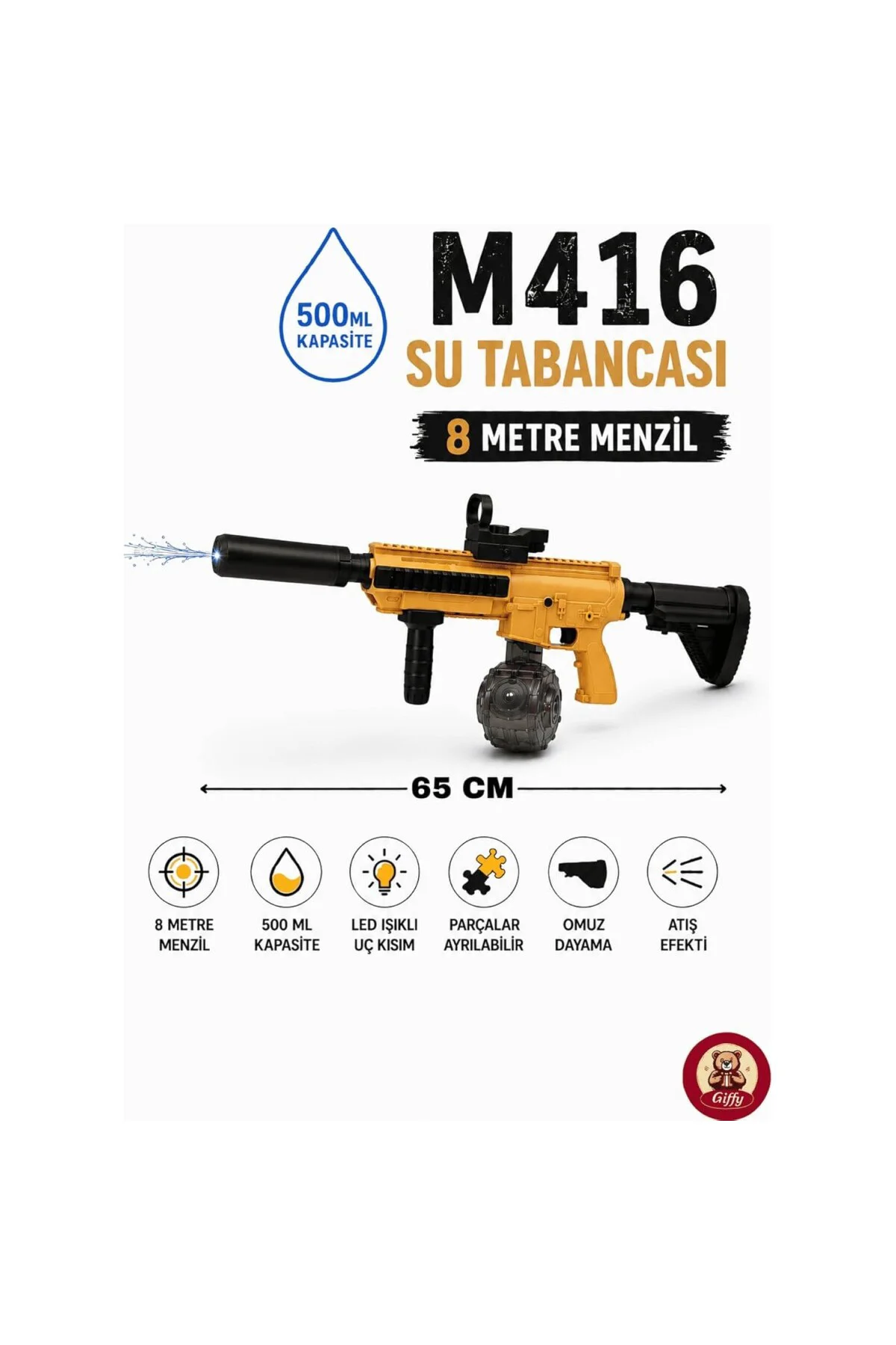 M416 Su Tabancası, Mavi-Beyaz ve Sarı-Siyah, LED Işıklı, 500 ML K