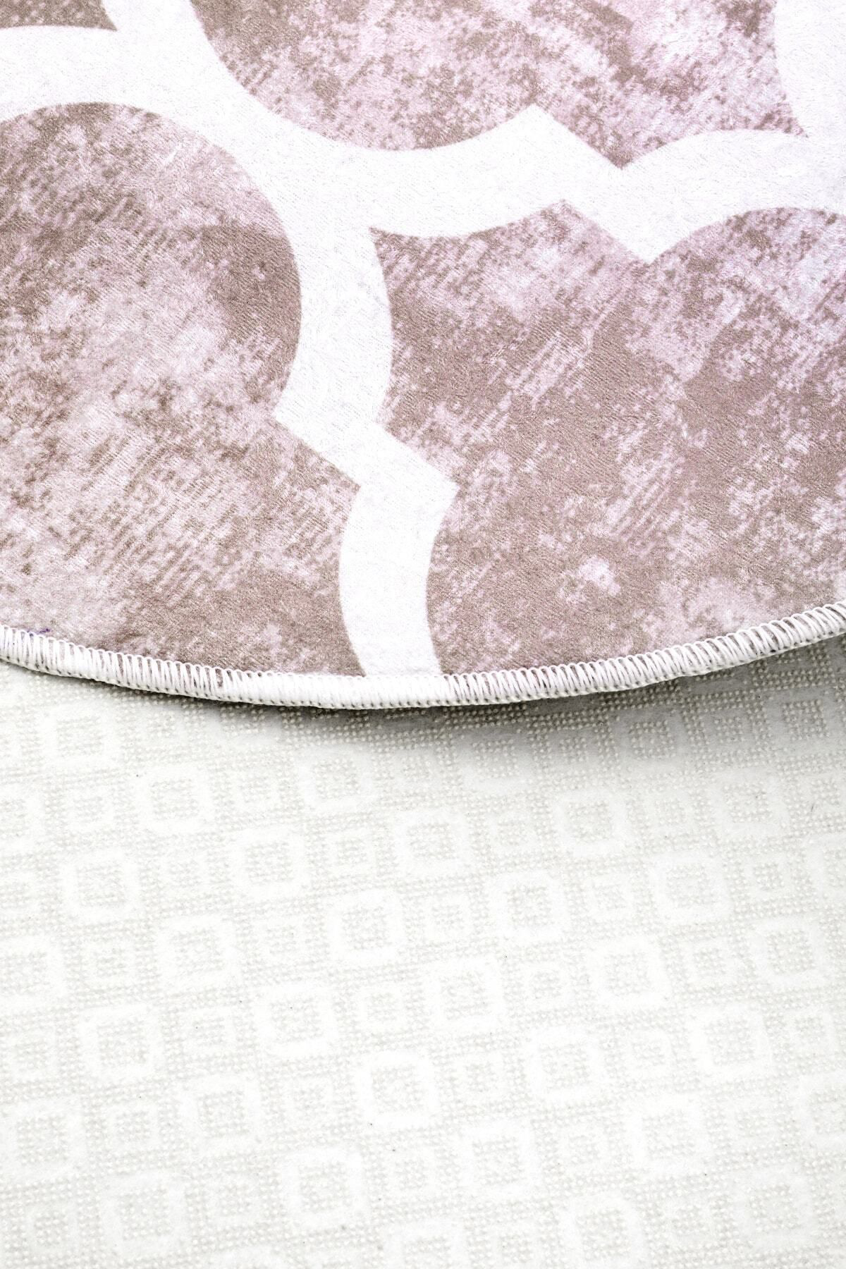 Dijidekor Maça Bej Saçaksız Dijital Oval Halı Kaymaz Yıkanabilir Yolluk