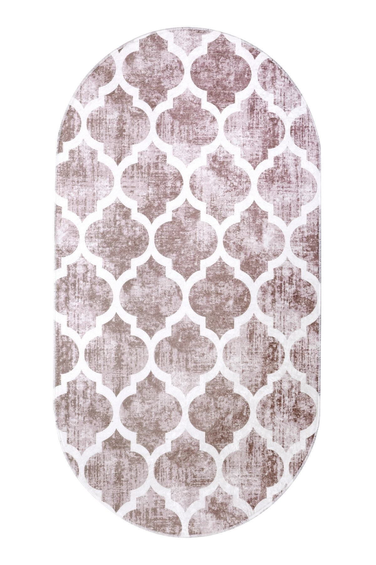 Dijidekor Maça Bej Saçaksız Dijital Oval Halı Kaymaz Yıkanabilir Yolluk