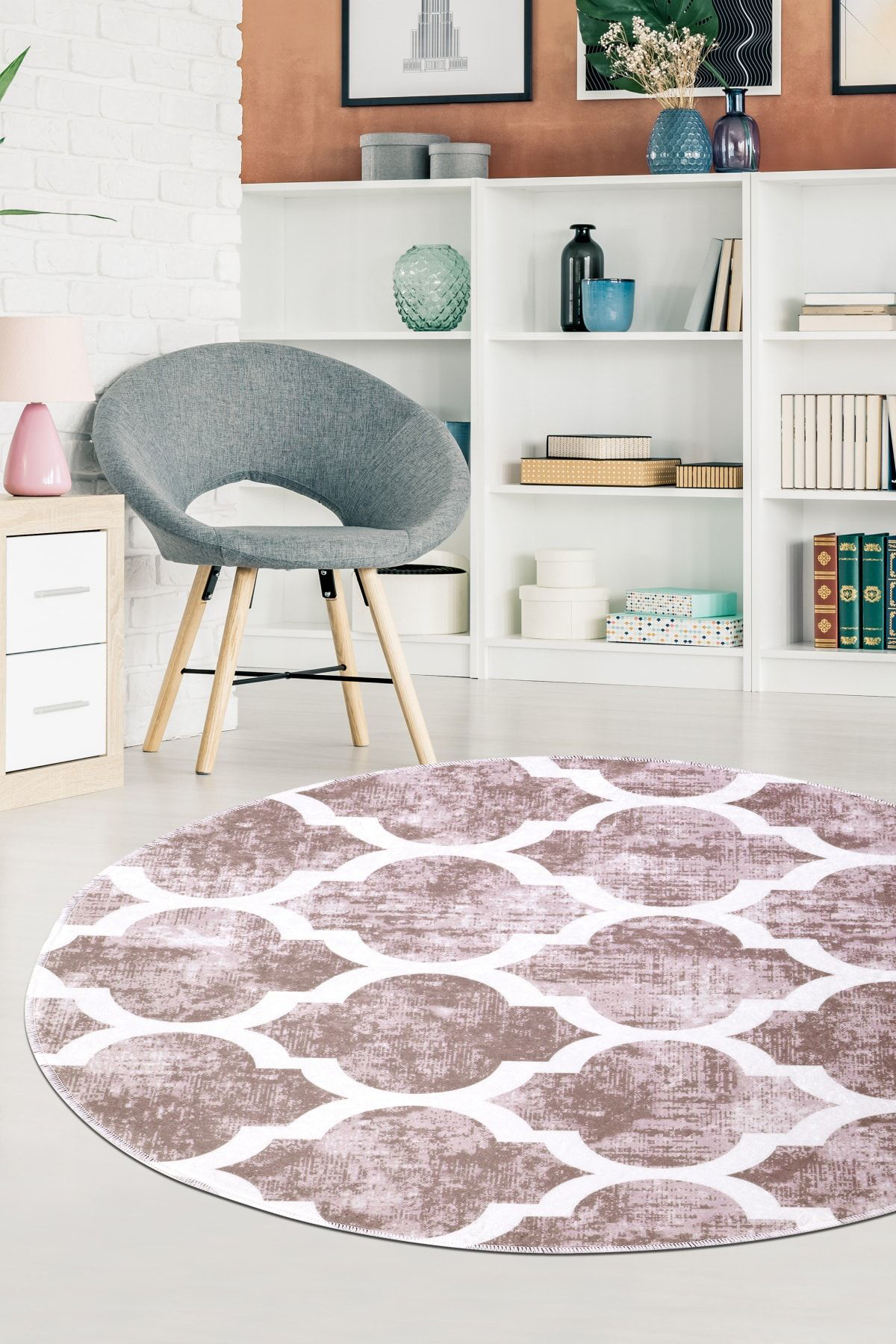 Dijidekor Maça Bej Saçaksız Dijital Baskılı Yuvarlak Yıkanabilir Halı Banyo