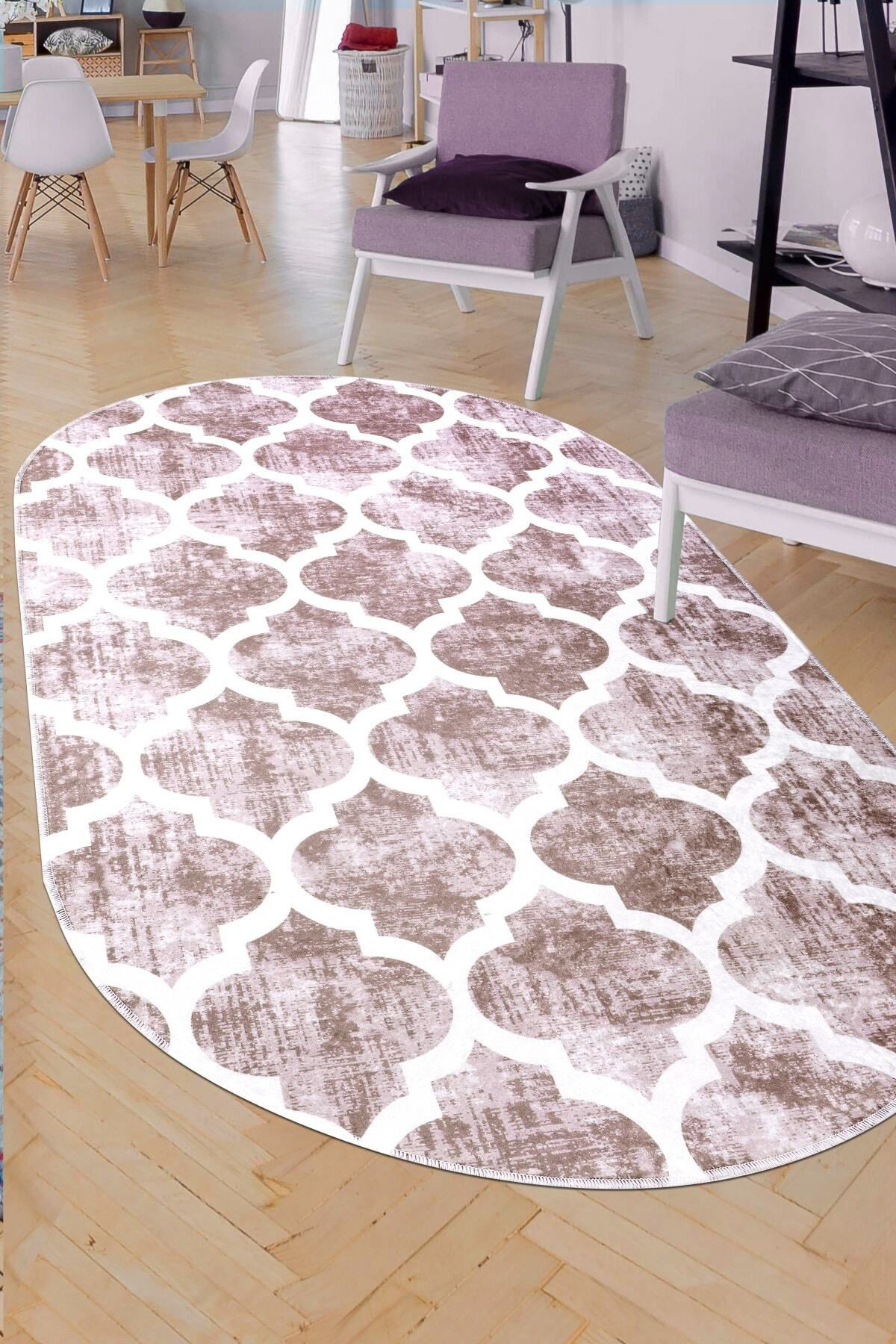 Dijidekor Maça Bej Saçaksız Dijital Oval Halı Kaymaz Yıkanabilir Yolluk