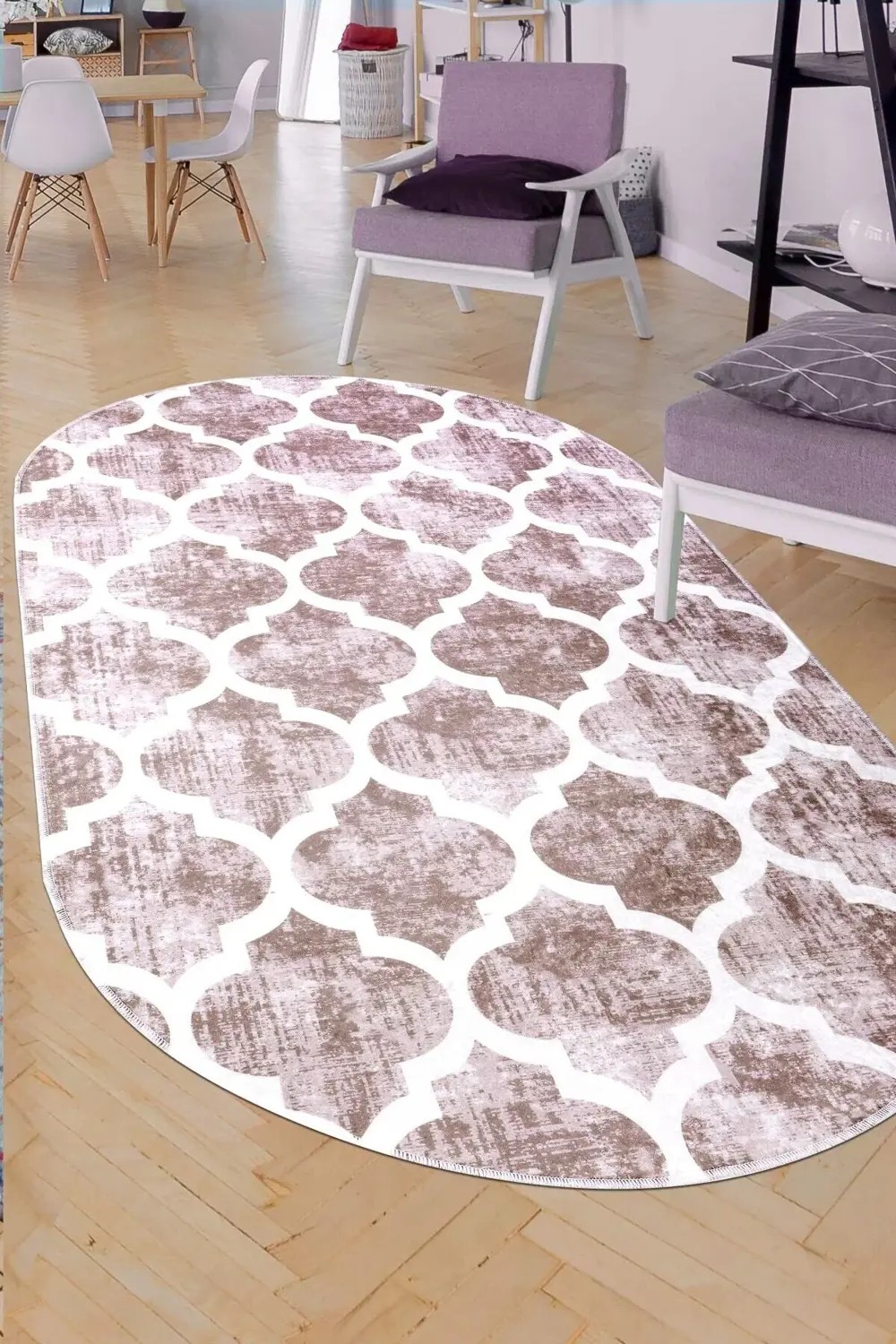 Maça Bej Saçaksız Dijital Oval Halı Kaymaz Yıkanabilir Yolluk