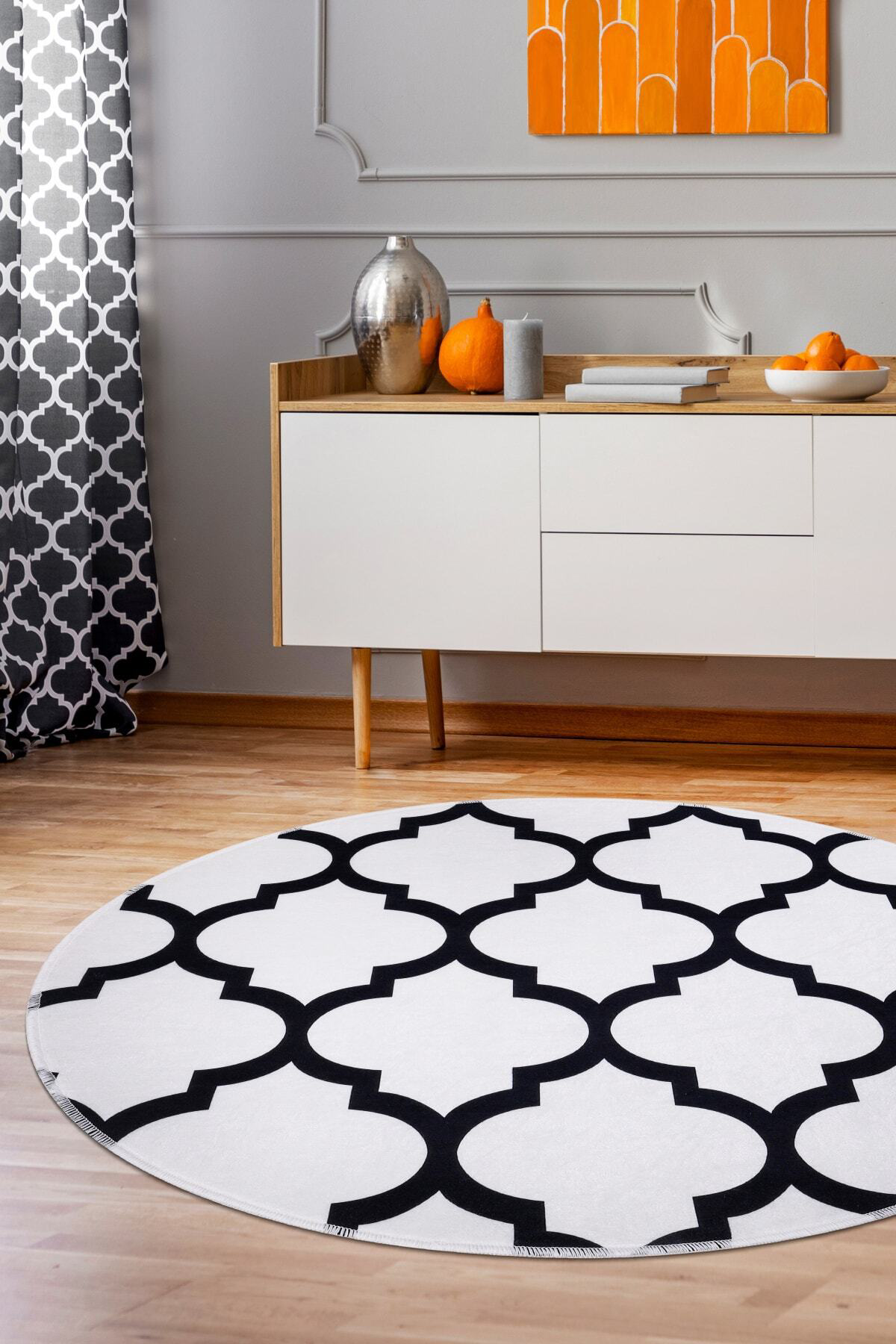 Maça Beyaz Saçaksız Dijital Baskılı Yuvarlak Yıkanabilir Halı Banyo Paspası 80x80