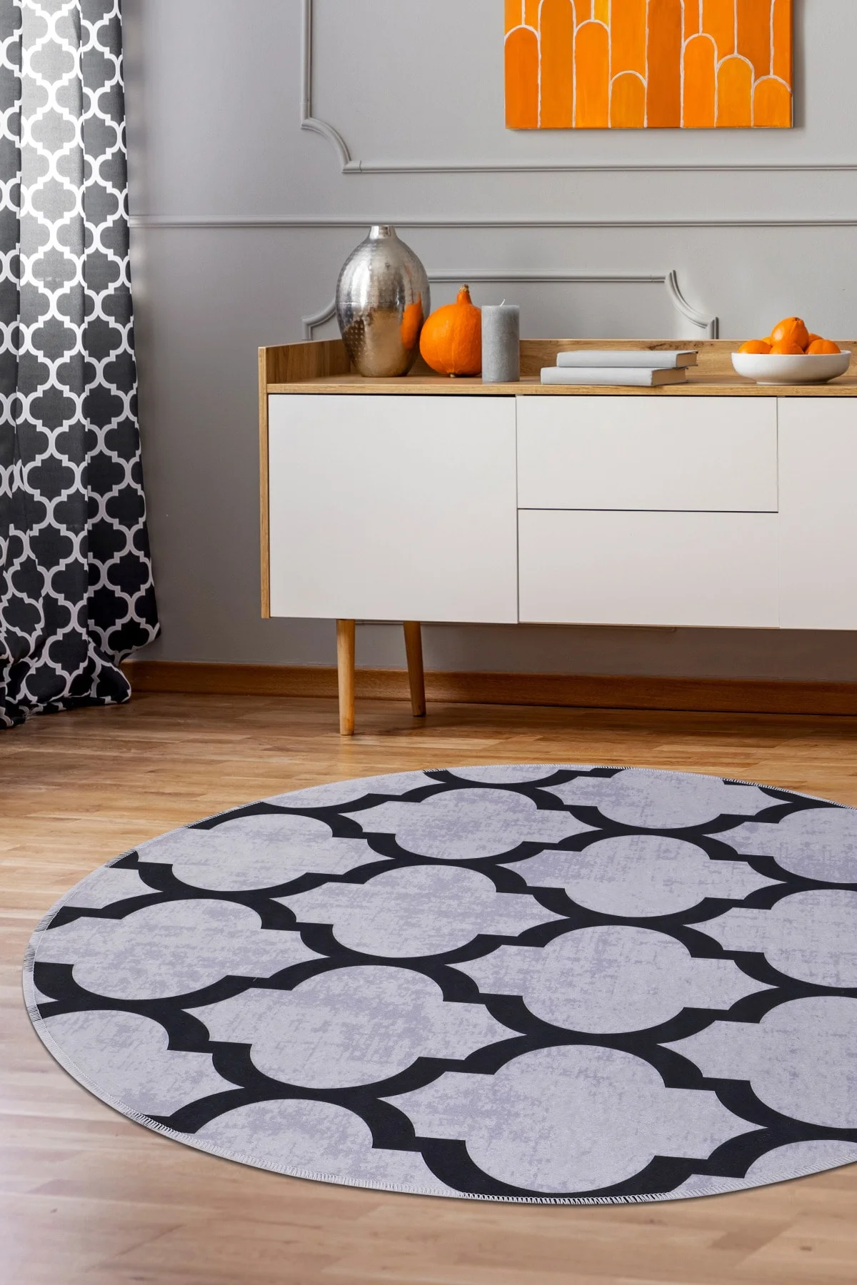 Maça Gri Saçaksız Dijital Baskılı Yuvarlak Yıkanabilir Halı Banyo Paspası 80x80