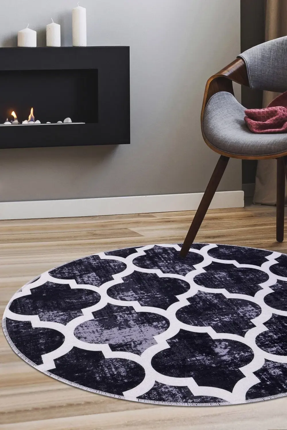 Maça Siyah Saçaksız Dijital Baskılı Yuvarlak Yıkanabilir Halı 160