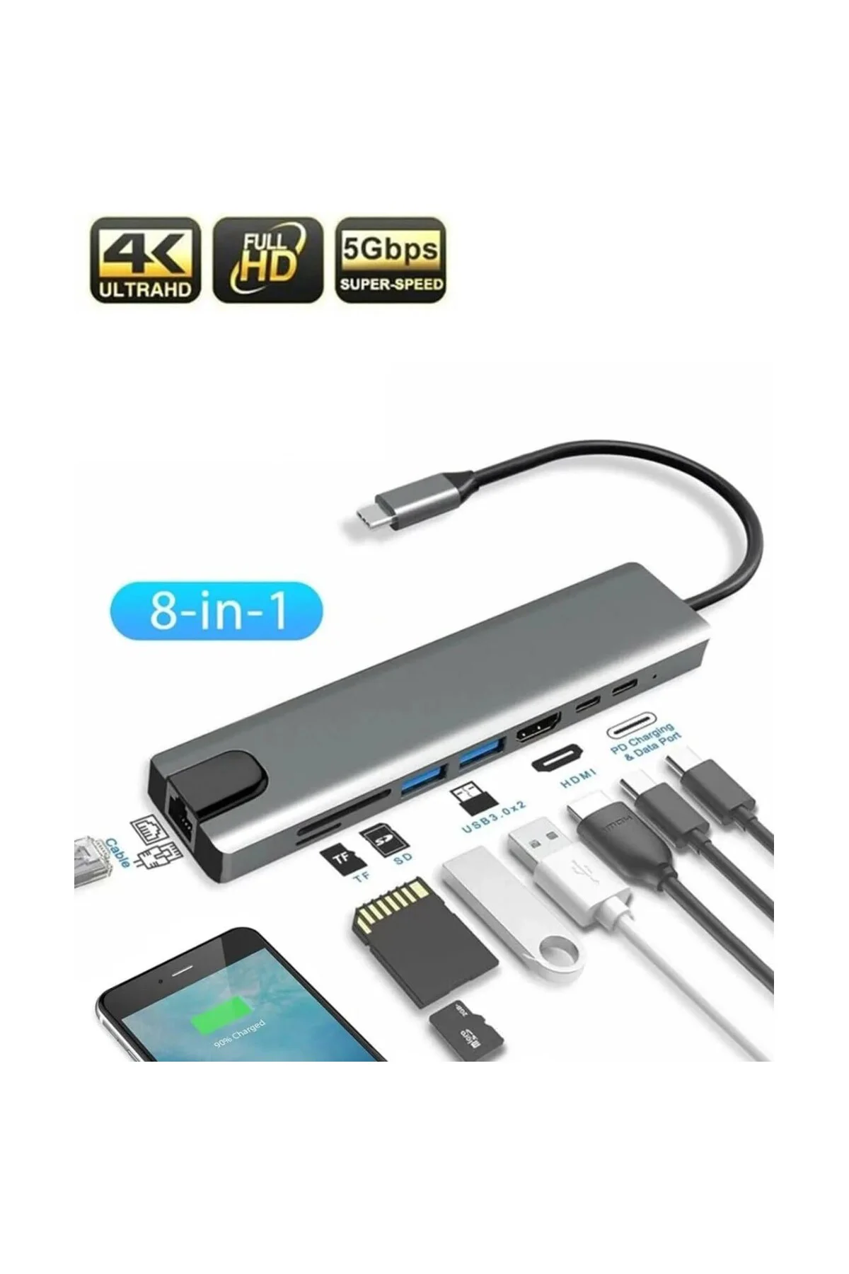 Macbook Pro Uyumlu Huawei Dell ile Uyumlu Type C to 4K HDMI + USB 3.0 + SD/tf + PD + Type-C USB Typ
