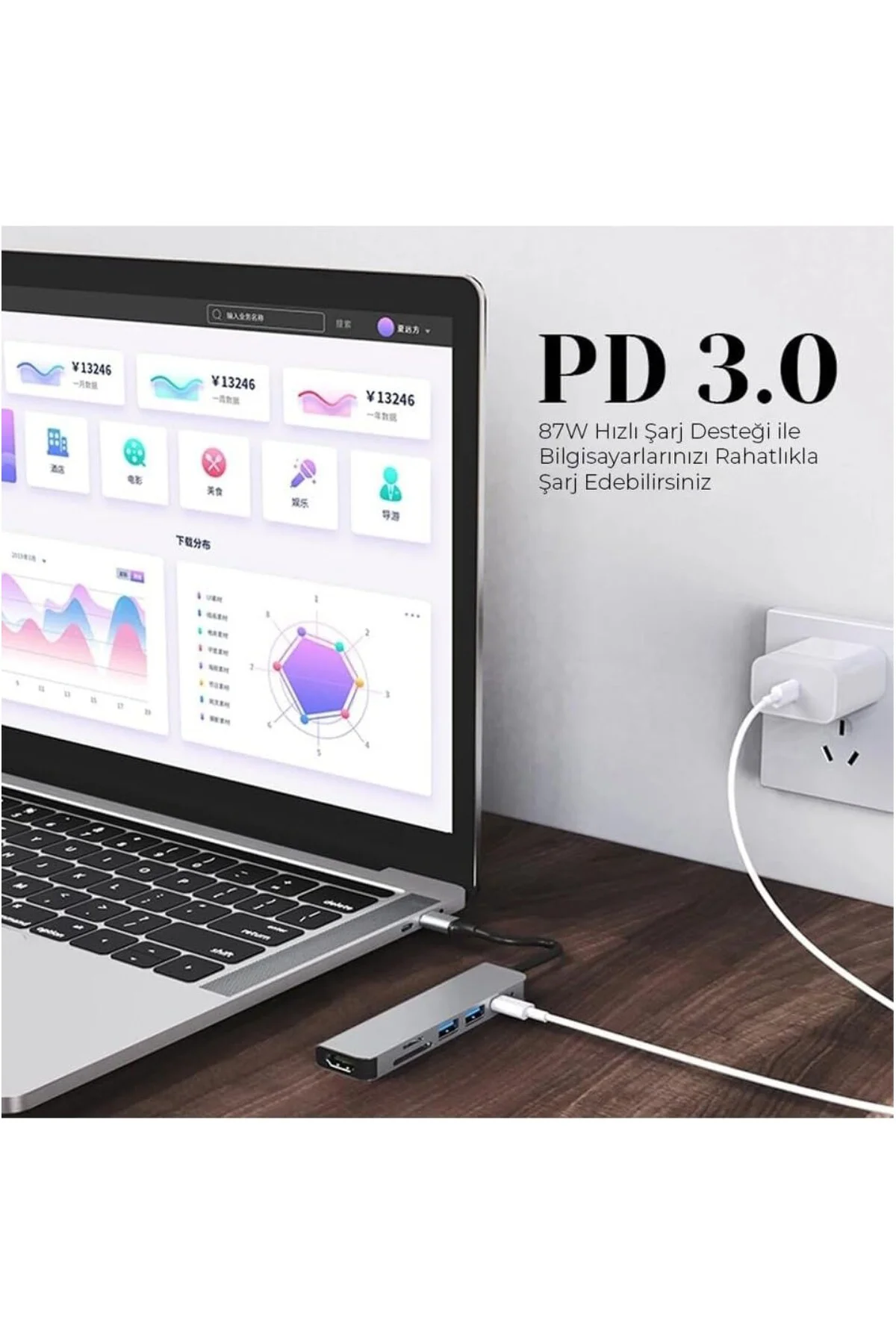 Macbook Pro Uyumlu Huawei Dell ile Uyumlu Type C to 4K HDMI + USB 3.0 + SD/tf + PD + Type-C USB Typ