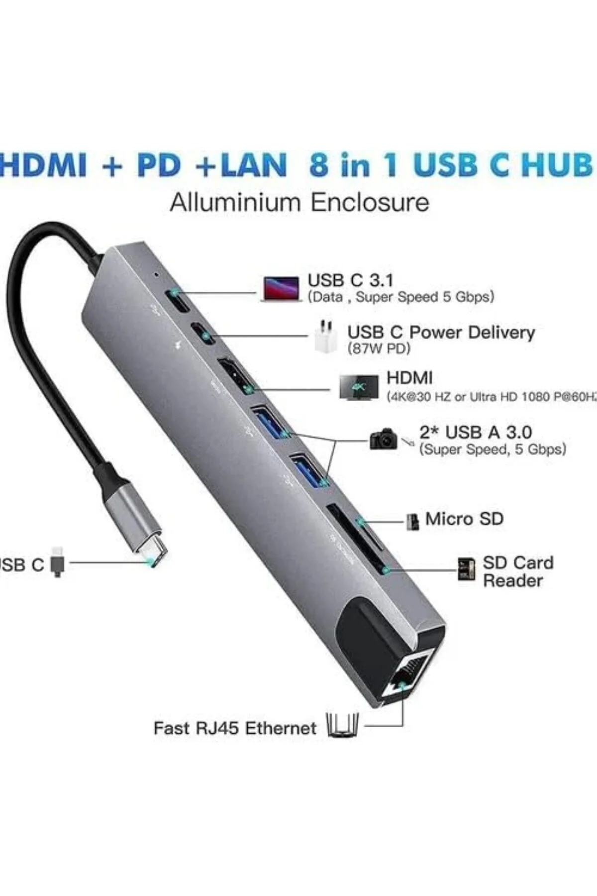 Macbook Pro Uyumlu Huawei Dell ile Uyumlu Type C to 4K HDMI + USB 3.0 + SD/tf + PD + Type-C USB Typ