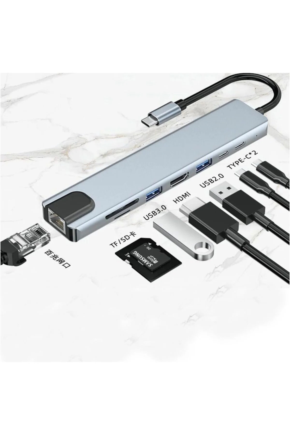 MacBook ve iPad Uyumlu 8-in-1 USB-C Çoklayıcı Hub – HDMI, USB, SD/TF, PD, Ethernet