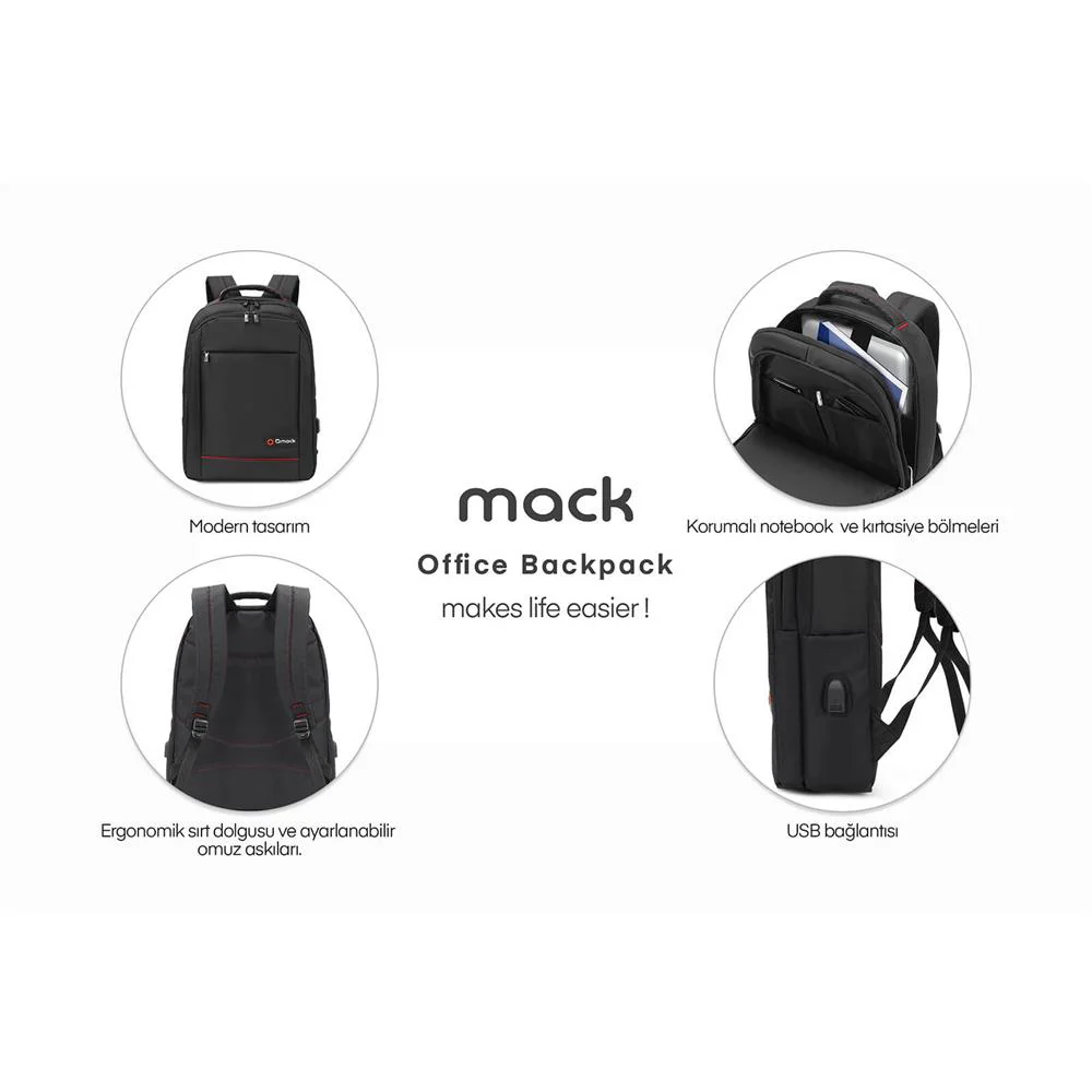 Mack MCC-006 15.6" Office USB Girişli Notebook Sırt Çantası Siyah