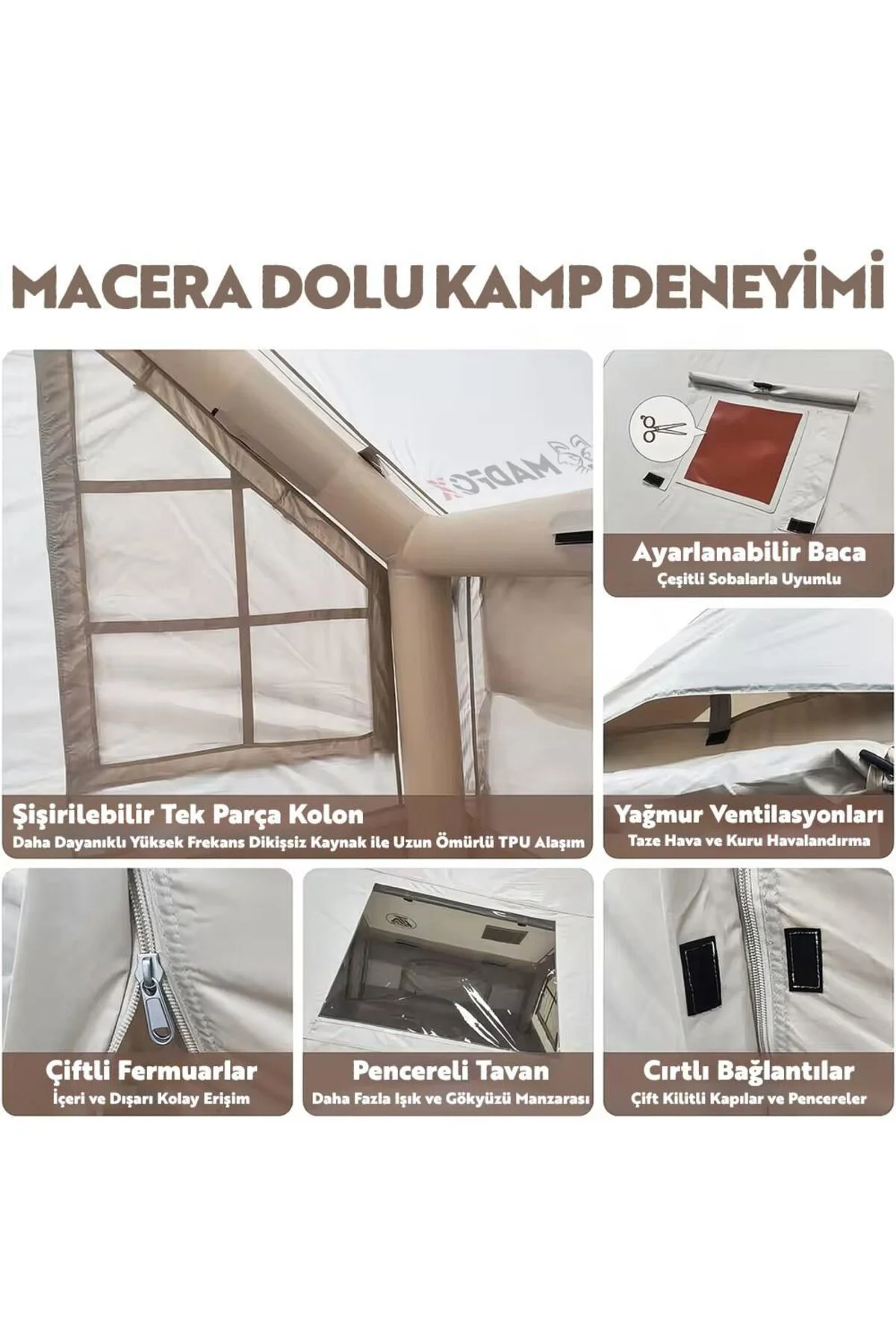 Madfox Bigless Glamping Cotton Inflatable Şişme Çadır [ Baca Çıkı