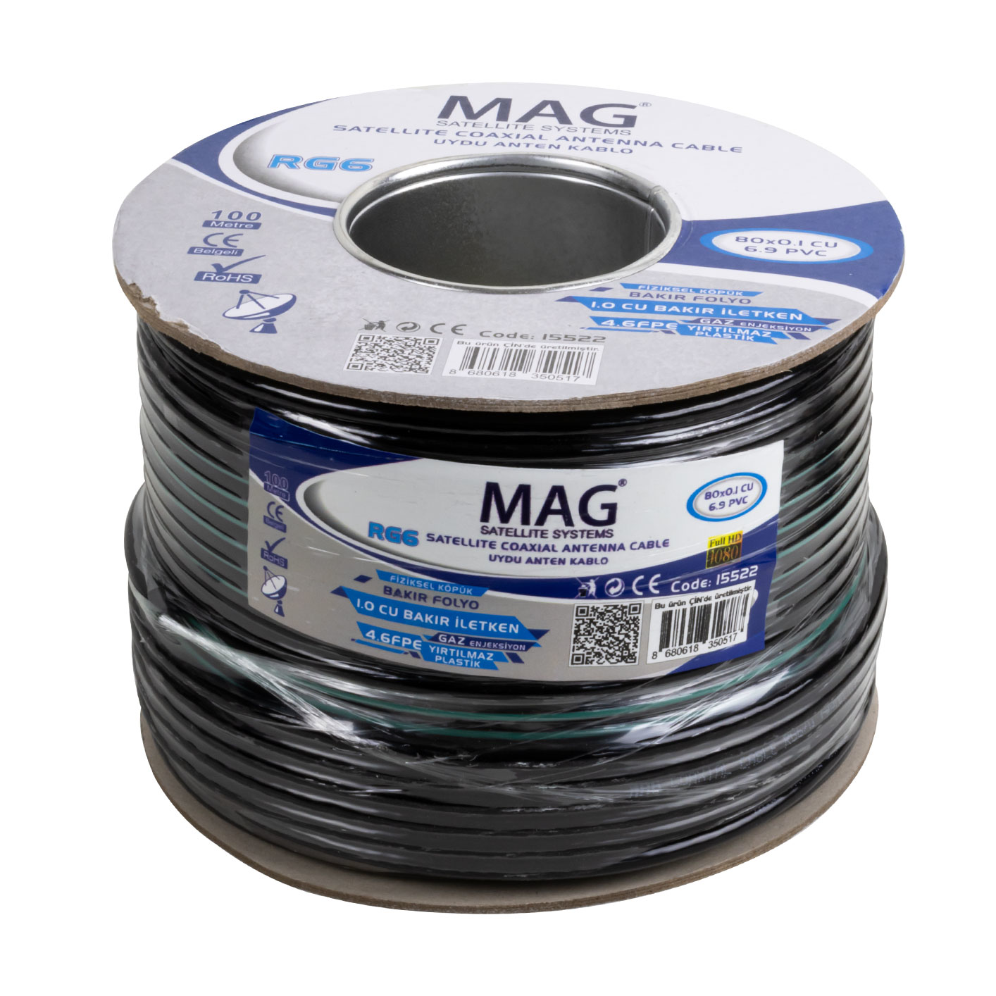 MAG RG6/U6 BAKIR CU/CU 80 TEL YEŞİL ANTEN KABLOSU (100 METRE) (47