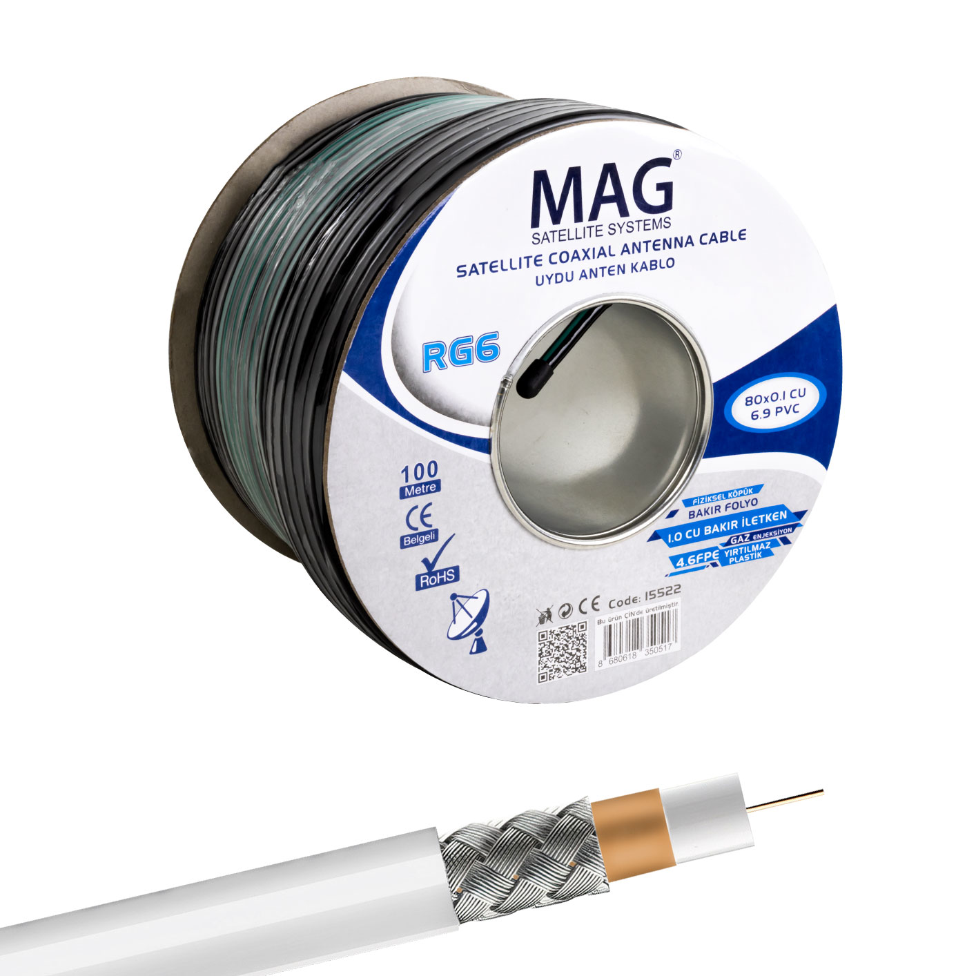 MAG RG6/U6 BAKIR CU/CU 80 TEL YEŞİL ANTEN KABLOSU (100 METRE) (47