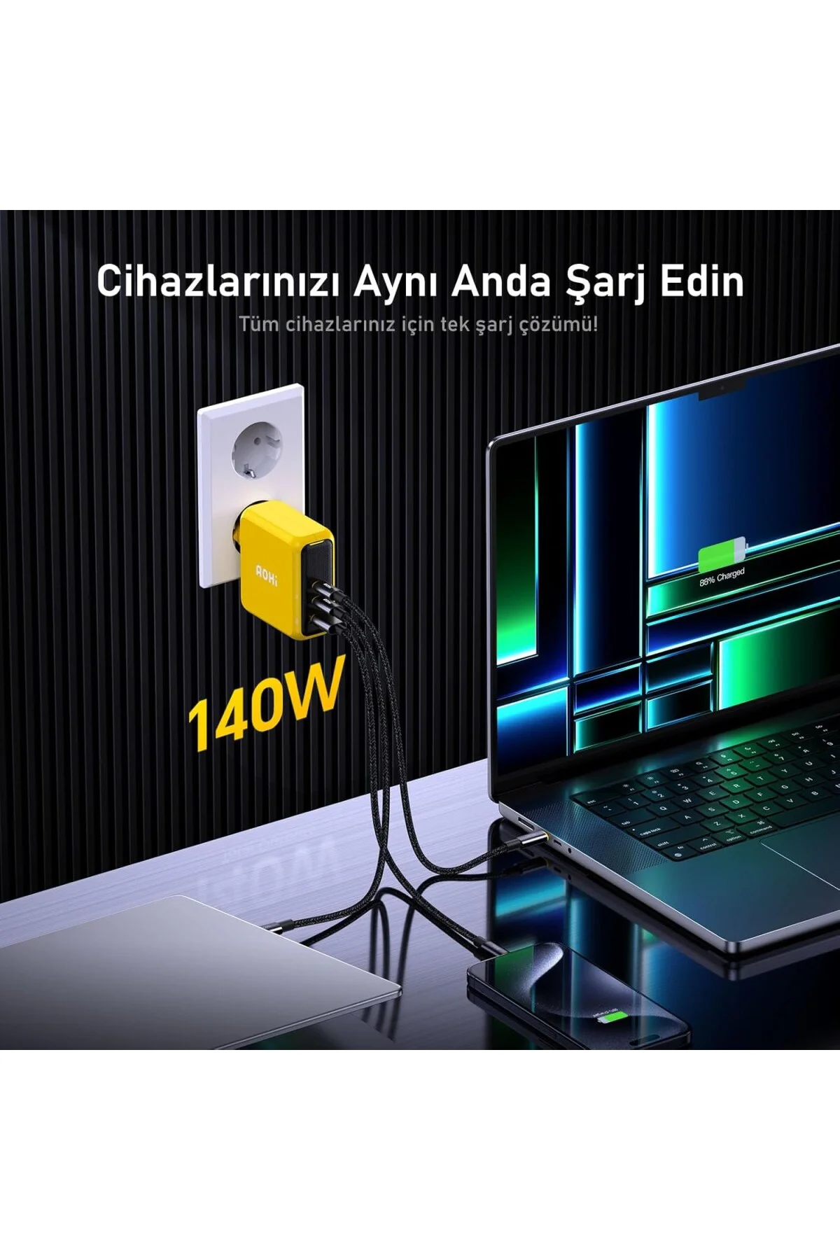 Magcube 3 Portlu Şarj Adaptörü, 140W Şarj Cihazı, GaN+ 100W Hızlı Şarj İstasyonu