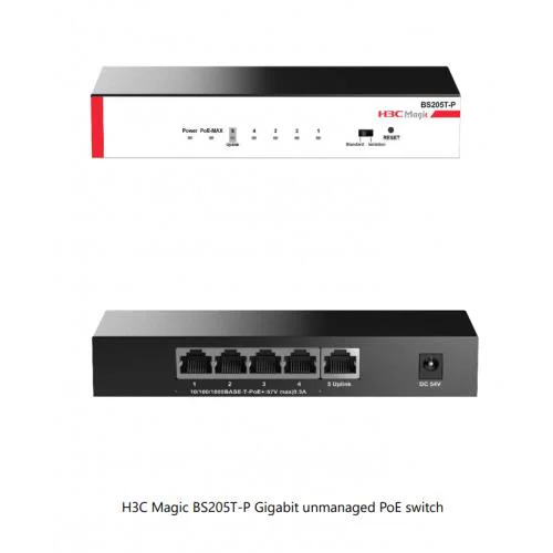 Magic BS205T-P, 5 Port, GigaBit, 4 Port PoE, 57W, +1 Port GigaBit Uplink, Metal Kasa, Yönetilemez, Masaüstü Switch Magic BS205T-P, 5 Port, GigaBit, 4 Port PoE, 57W, +1 Port GigaBit Uplink, Metal Kasa, Yönetilemez, Masaüstü Switch