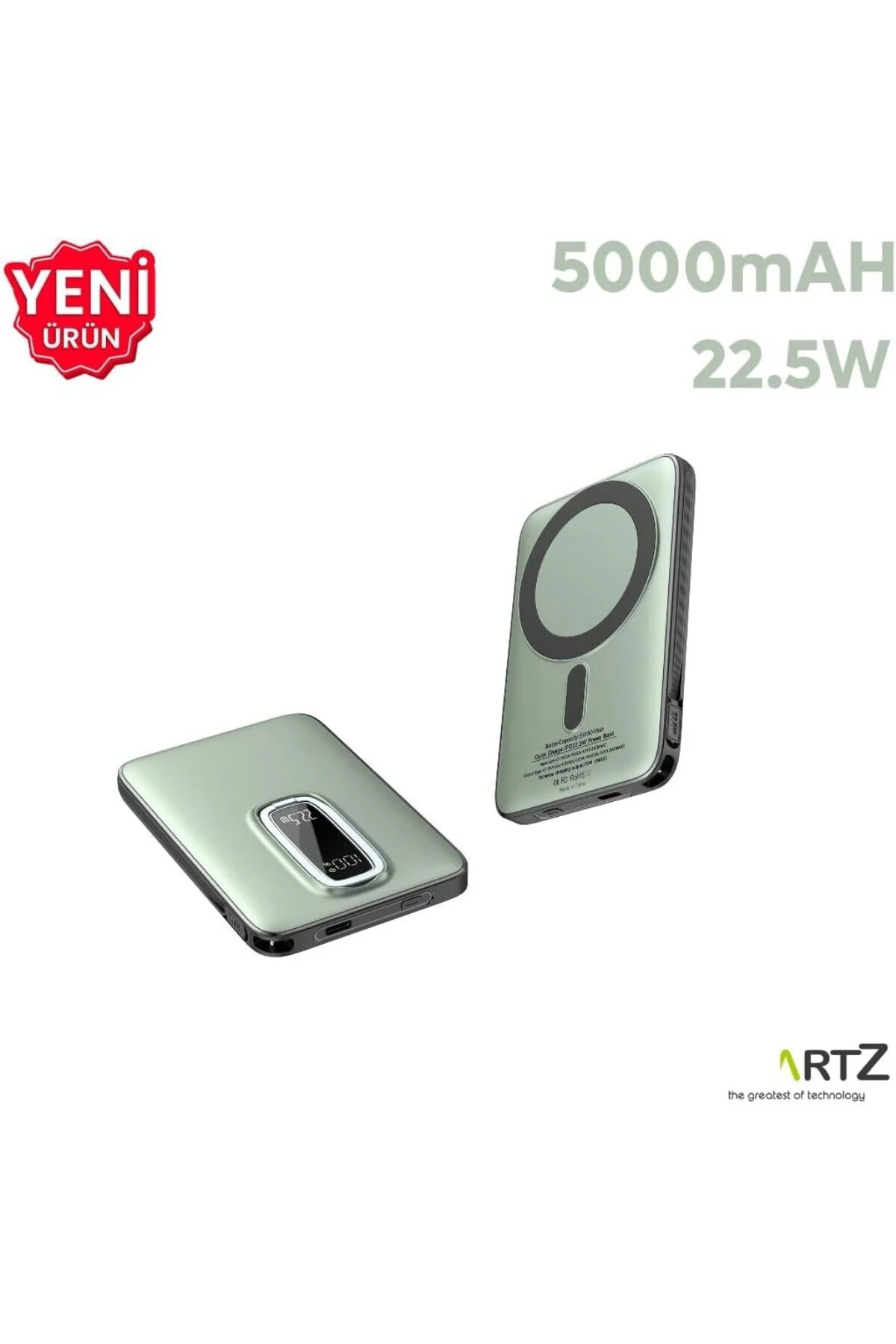 Magnetic Power Bank, 5000mAh Kablosuz Hızlı Şarj, LED Gösterge Ek