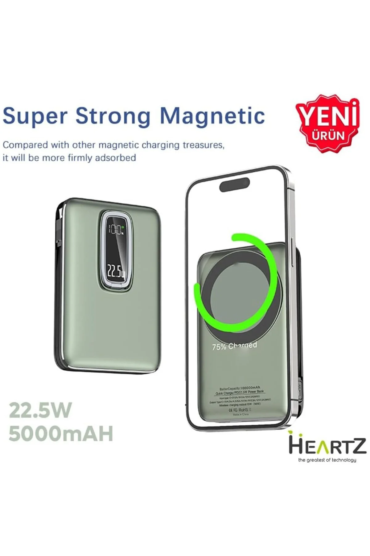 Magnetic Power Bank, 5000mAh Kablosuz Hızlı Şarj, LED Gösterge Ek