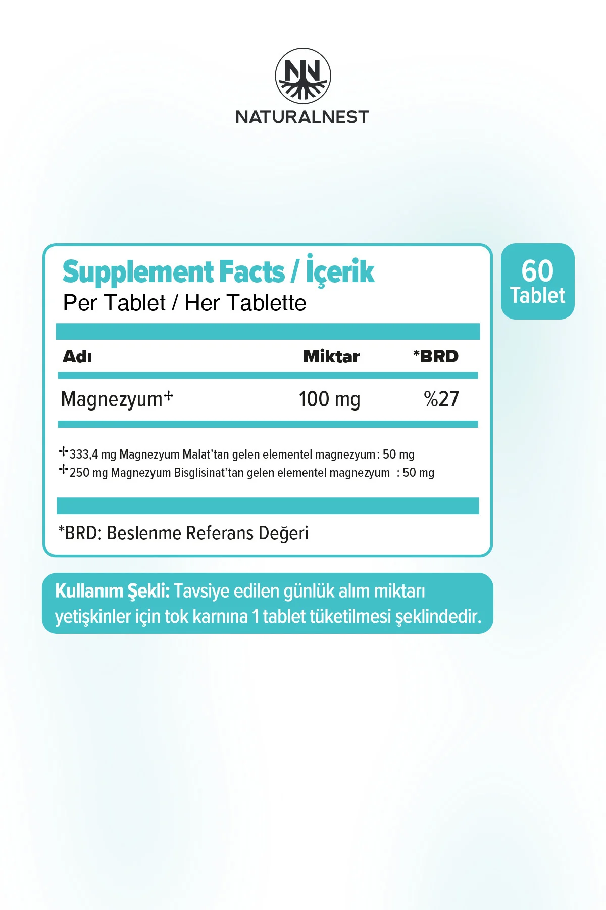 Magnezyum 100 mg 60 Tablet- Malat, Bisglisinat