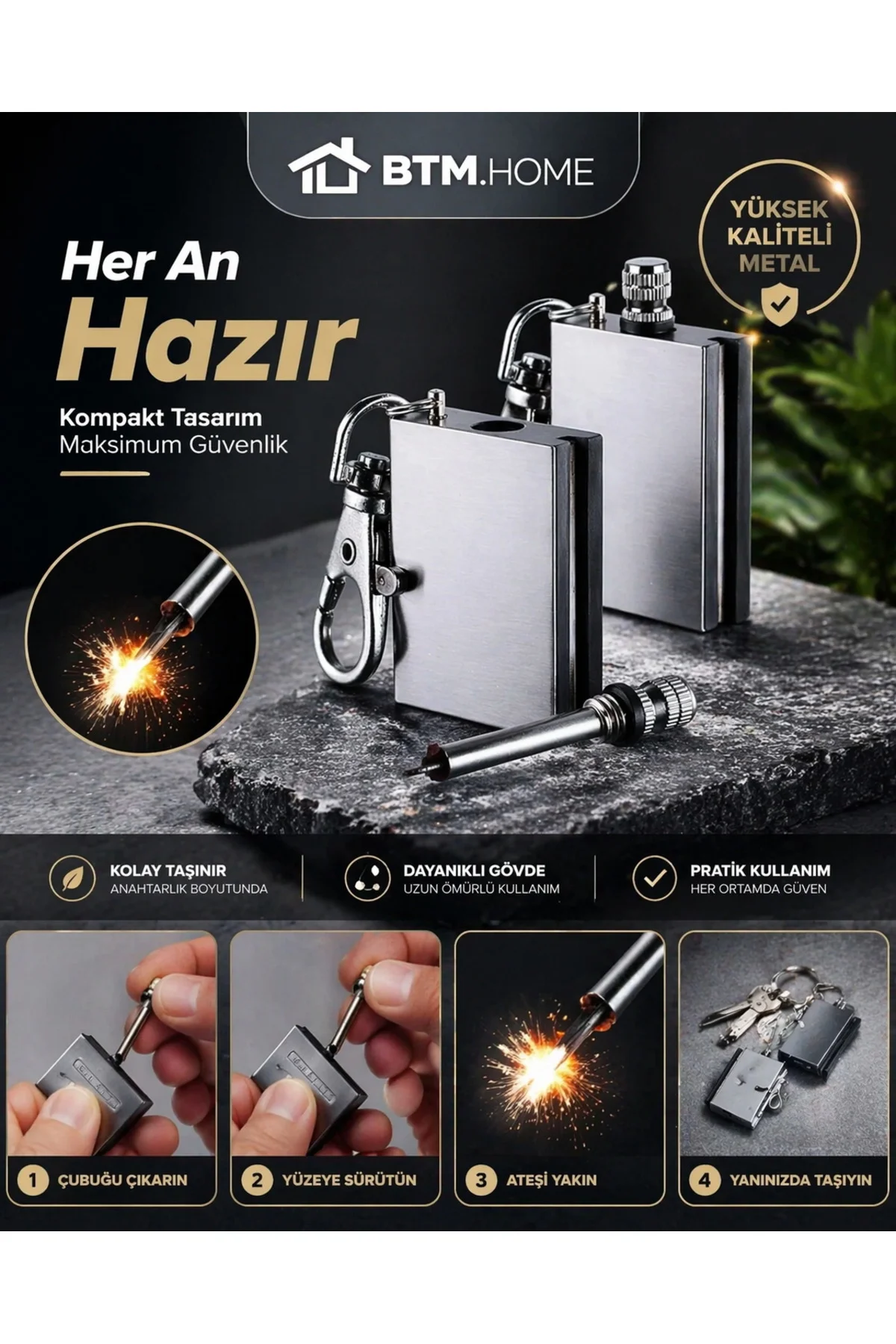 Magnezyum Ateşleyici Metal Kibrit Çakmak Anahtarlık Tip Rüzgara Dayanıklı Kamp Çakmağı