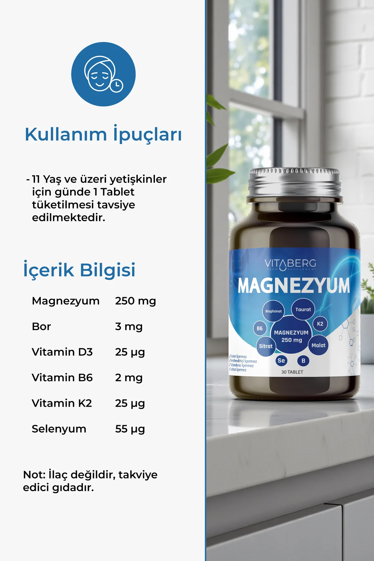 Magnezyum | Bisglisinat, Taurat, Sitrat, Malat + K2, B6, Bor, Sel