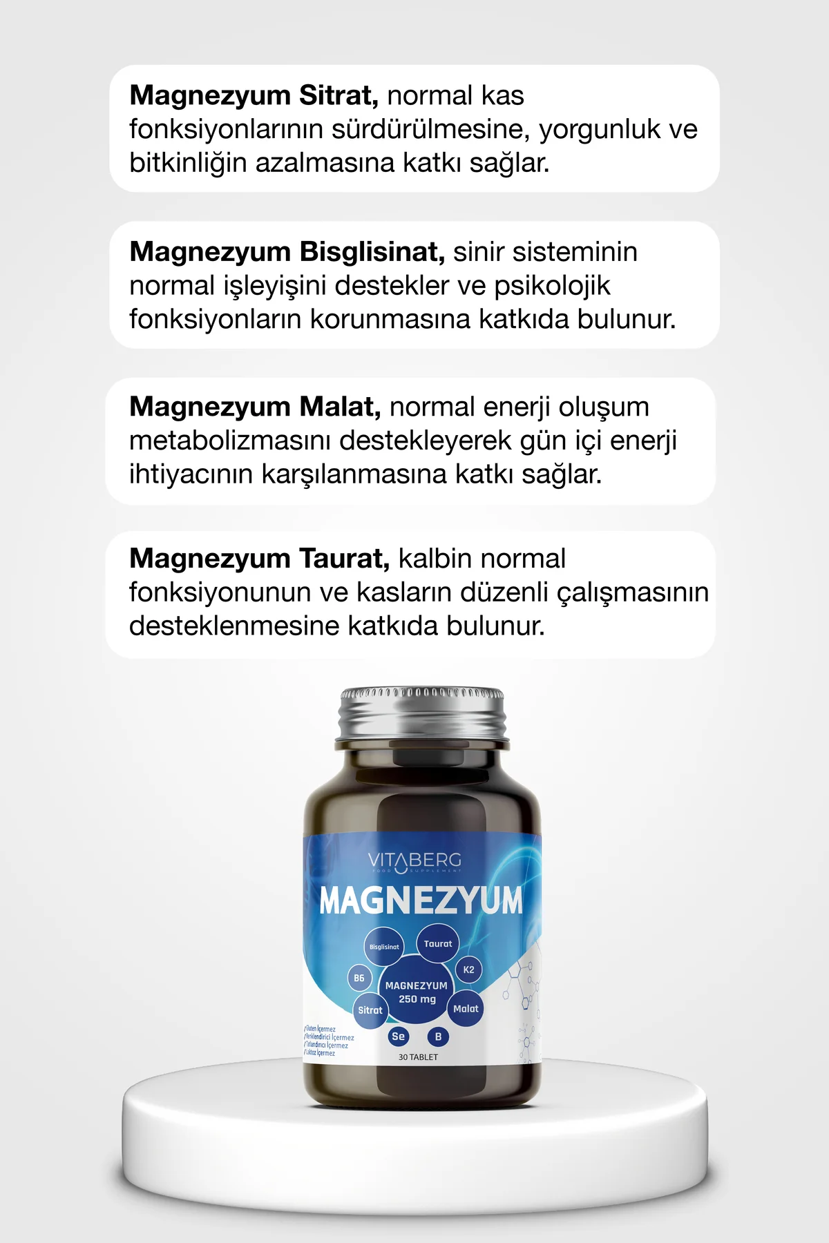 Magnezyum | Bisglisinat, Taurat, Sitrat, Malat + K2, B6, Bor, Sel