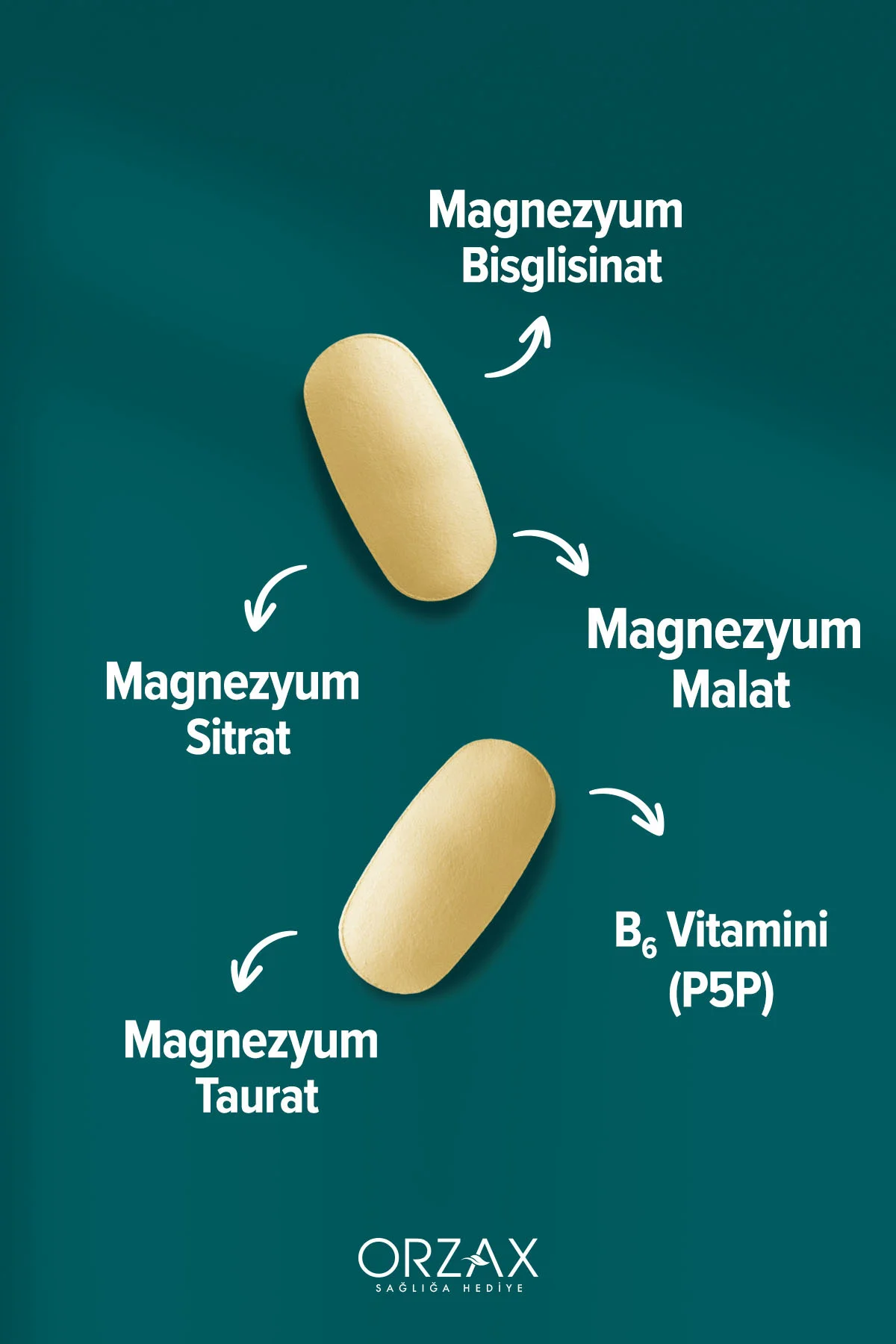 Magnezyum Complex — Bisglisinat - Malat - Sitrat - Taurat & B6 (P5P) Vitamini 60 Tablet