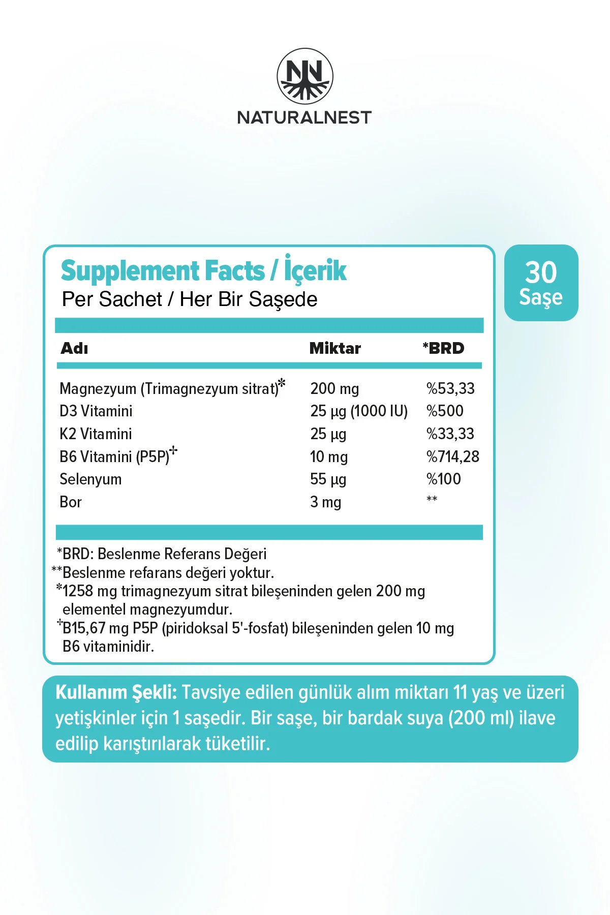Magnezyum Plus 200 mg 30 Saşe- Sitrat, D3 K2, Bor, Selenyum