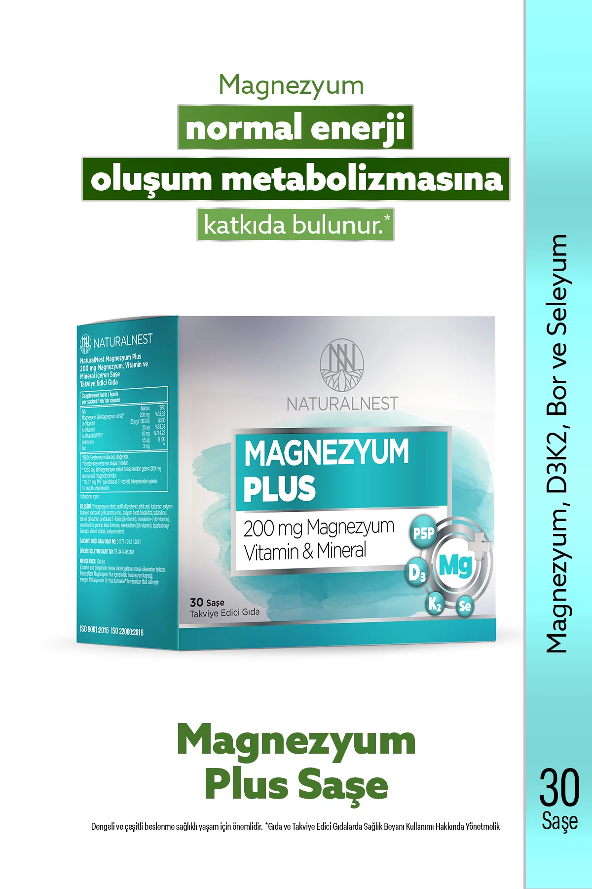 Magnezyum Plus 200 mg 30 Saşe- Sitrat, D3 K2, Bor, Selenyum