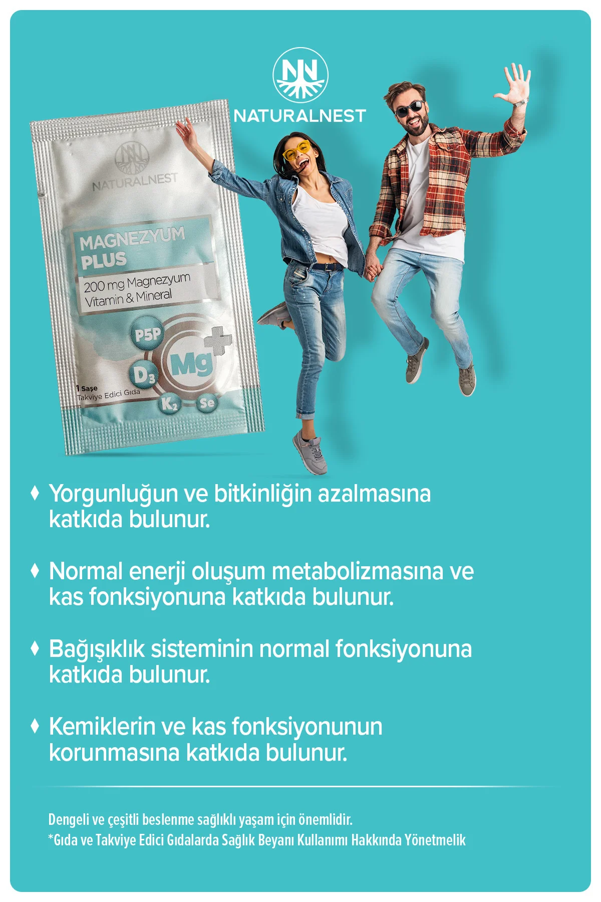 Magnezyum Plus 200 mg 30 Saşe- Sitrat, D3 K2, Bor, Selenyum