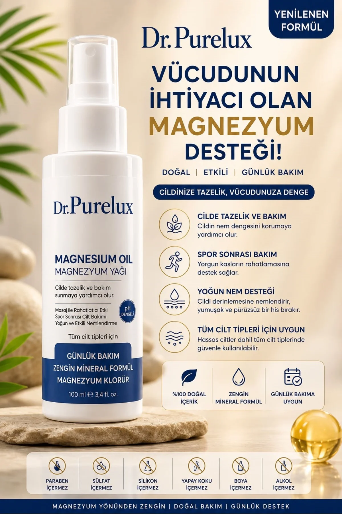 Magnezyum Yağı - Yorgunluğa Karşı Destekleyici, Kas, Eklem, Boyun ve Tüm Vücut Bölgesi İçin Rahatlatıcı Masaj Spreyi 100 ml