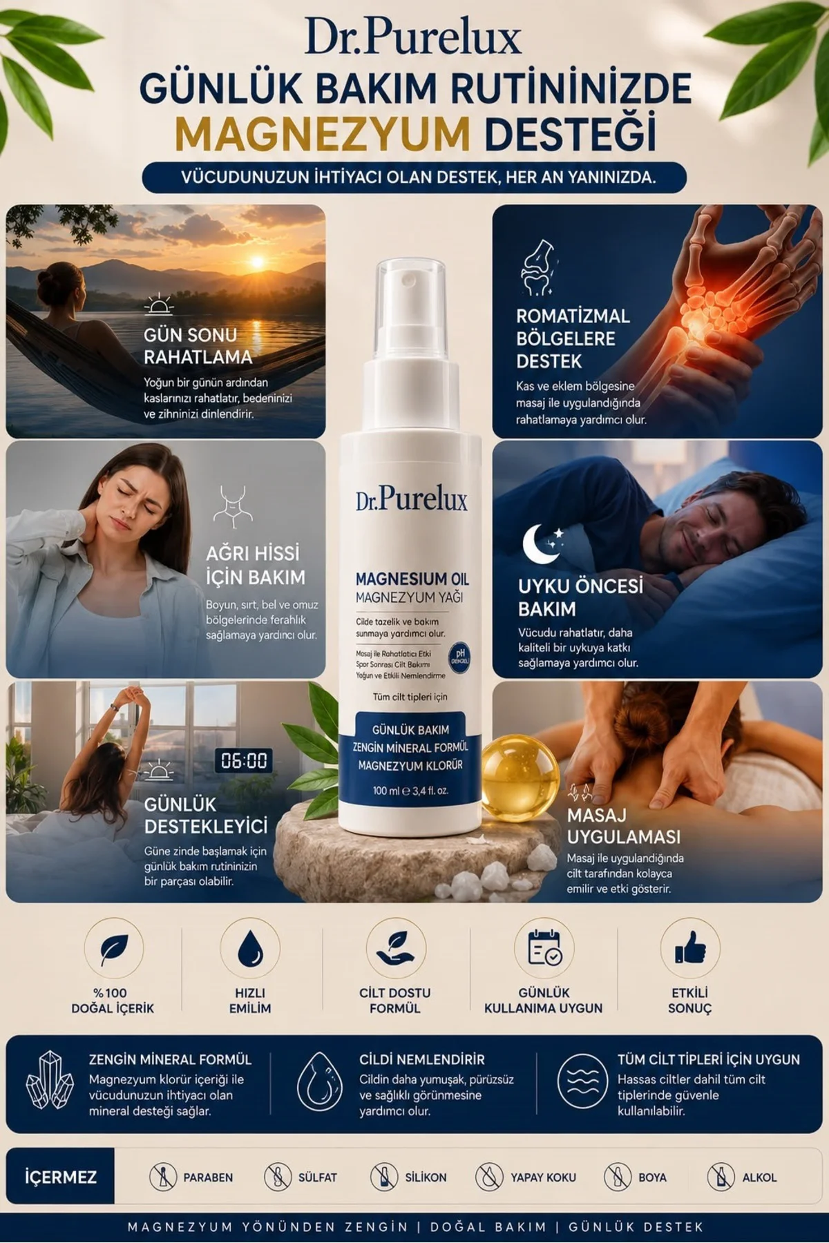 Magnezyum Yağı - Yorgunluğa Karşı Destekleyici, Kas, Eklem, Boyun ve Tüm Vücut Bölgesi İçin Rahatlatıcı Masaj Spreyi 100 ml
