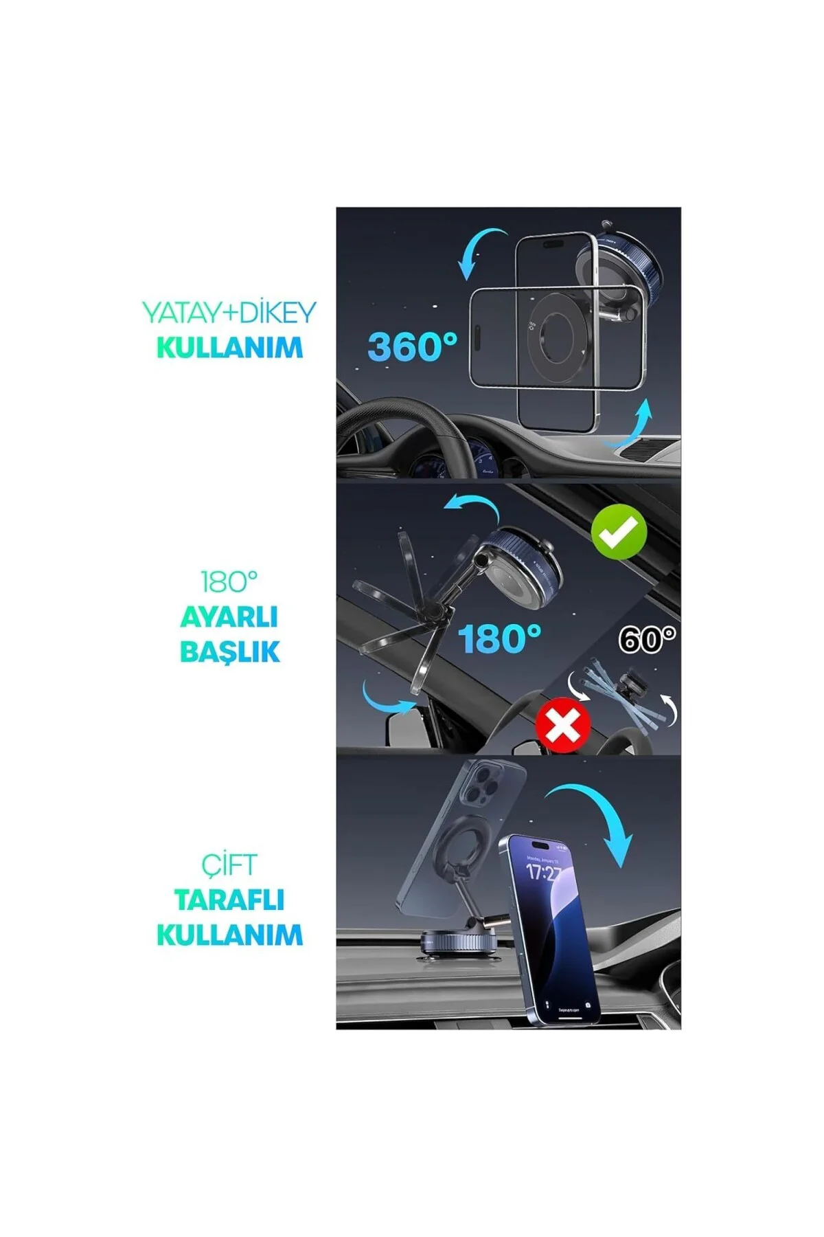 MagSafe Uyumlu Araç Telefon Tutucu – 360° Dönebilen Vantuzlu Mıknatıslı Telefon Tu