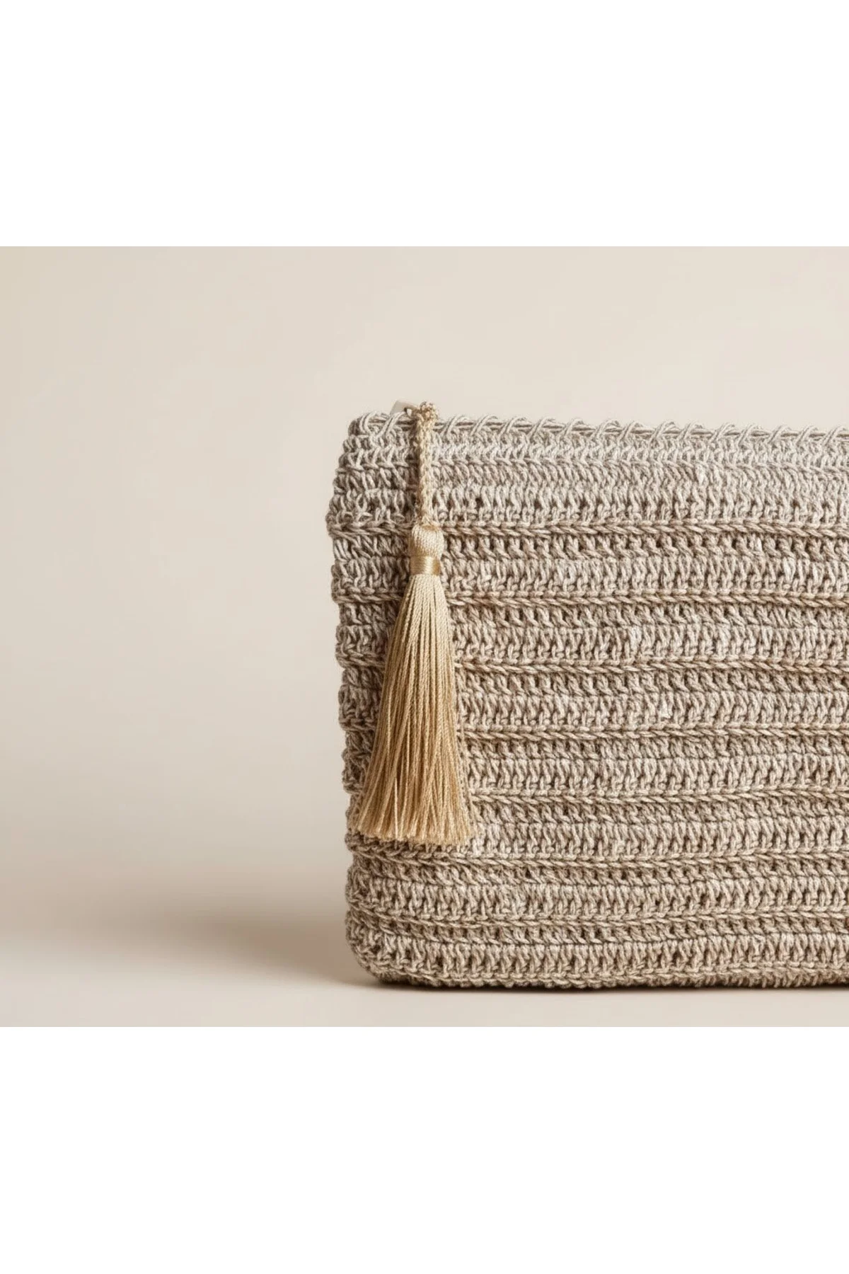 Makrome İpten El Örgüsü Bej Püsküllü Clutch Çanta