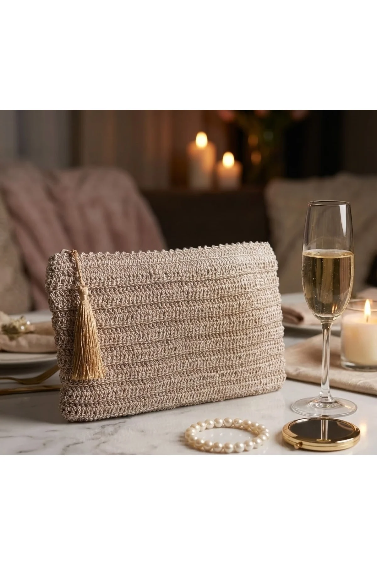 Makrome İpten El Örgüsü Bej Püsküllü Clutch Çanta