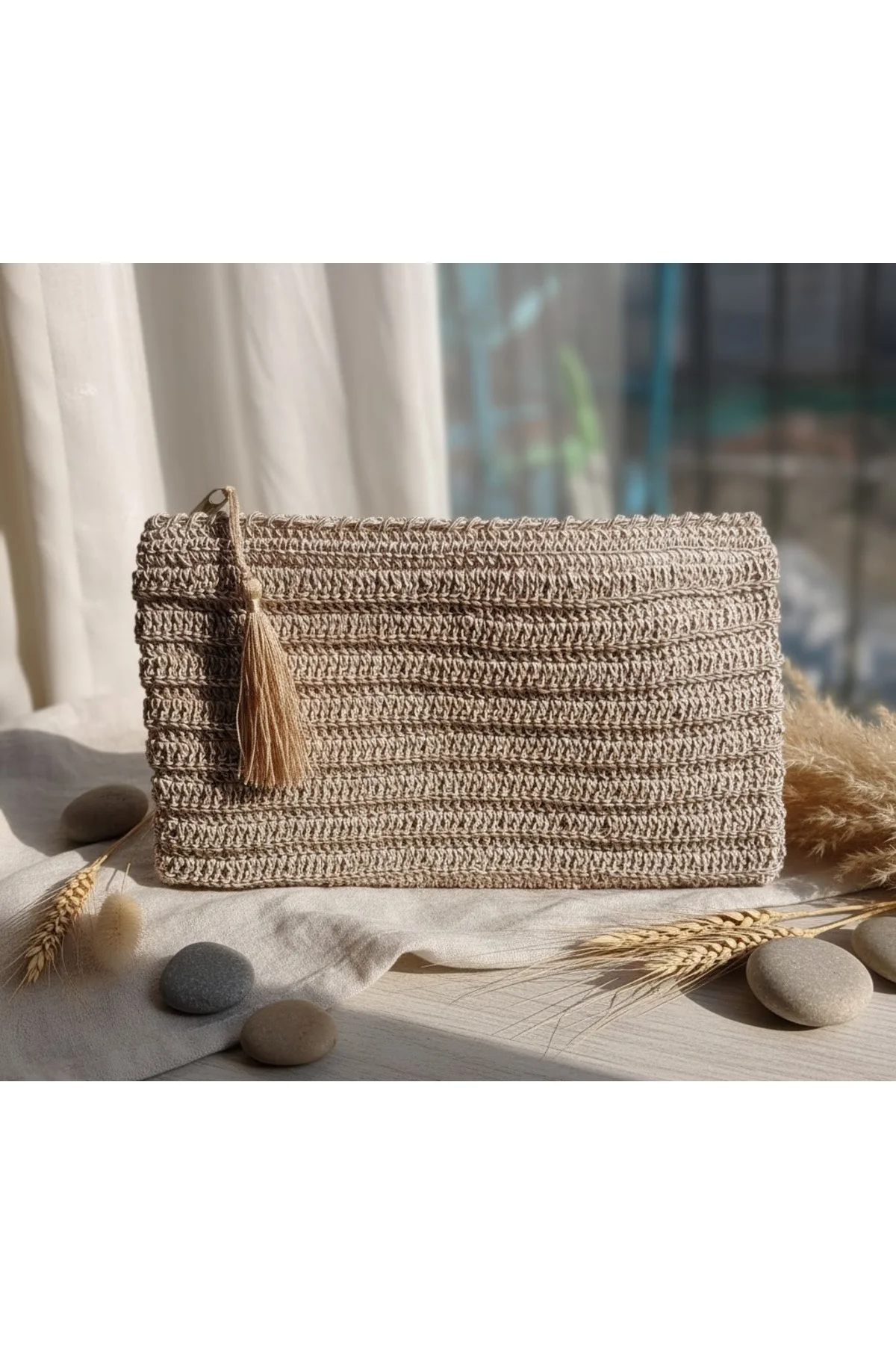 Makrome İpten El Örgüsü Bej Püsküllü Clutch Çanta