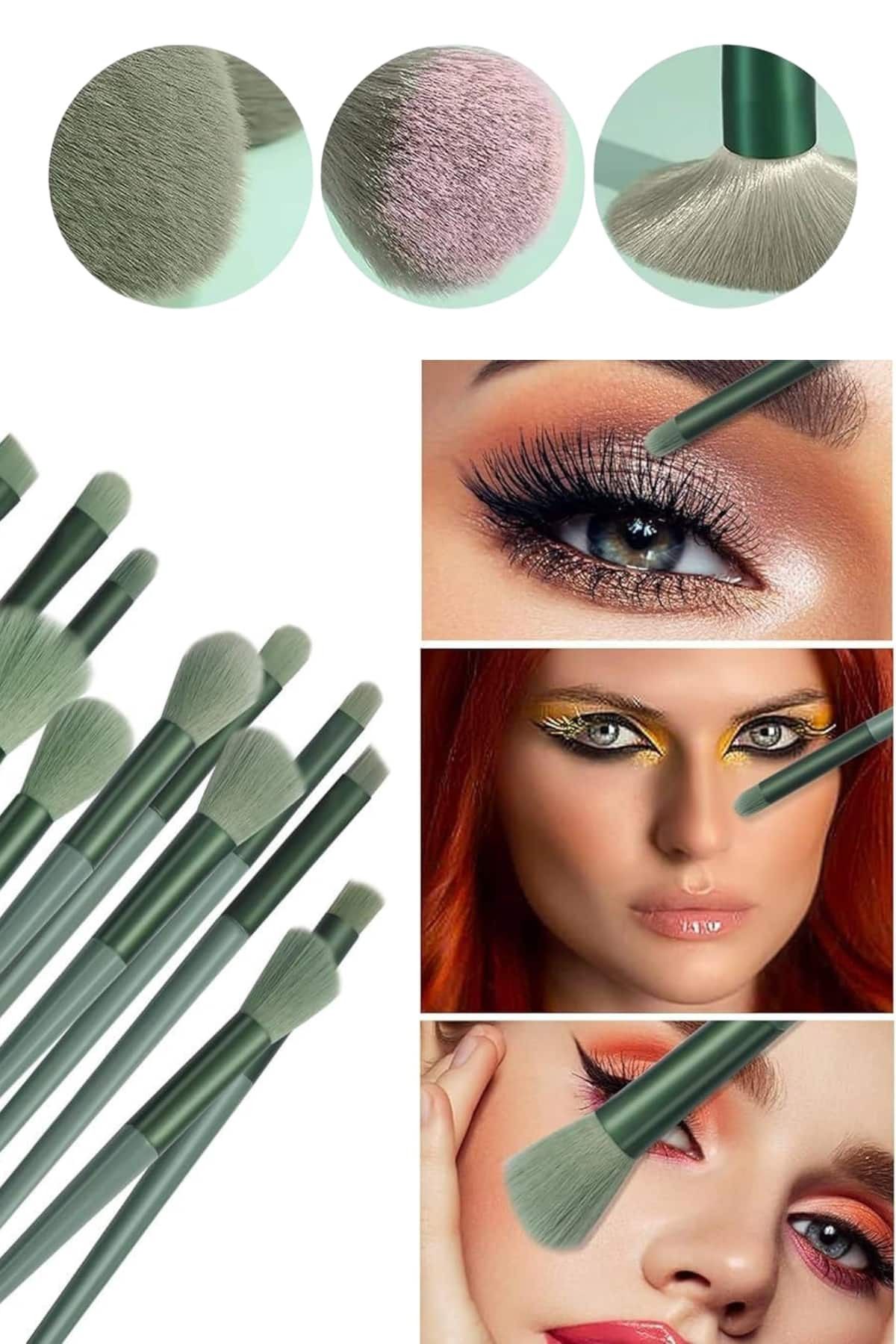 Makyaj Fırça Seti Yeşil 13 Parça Fondöten Fırçası Allık Fırçası F