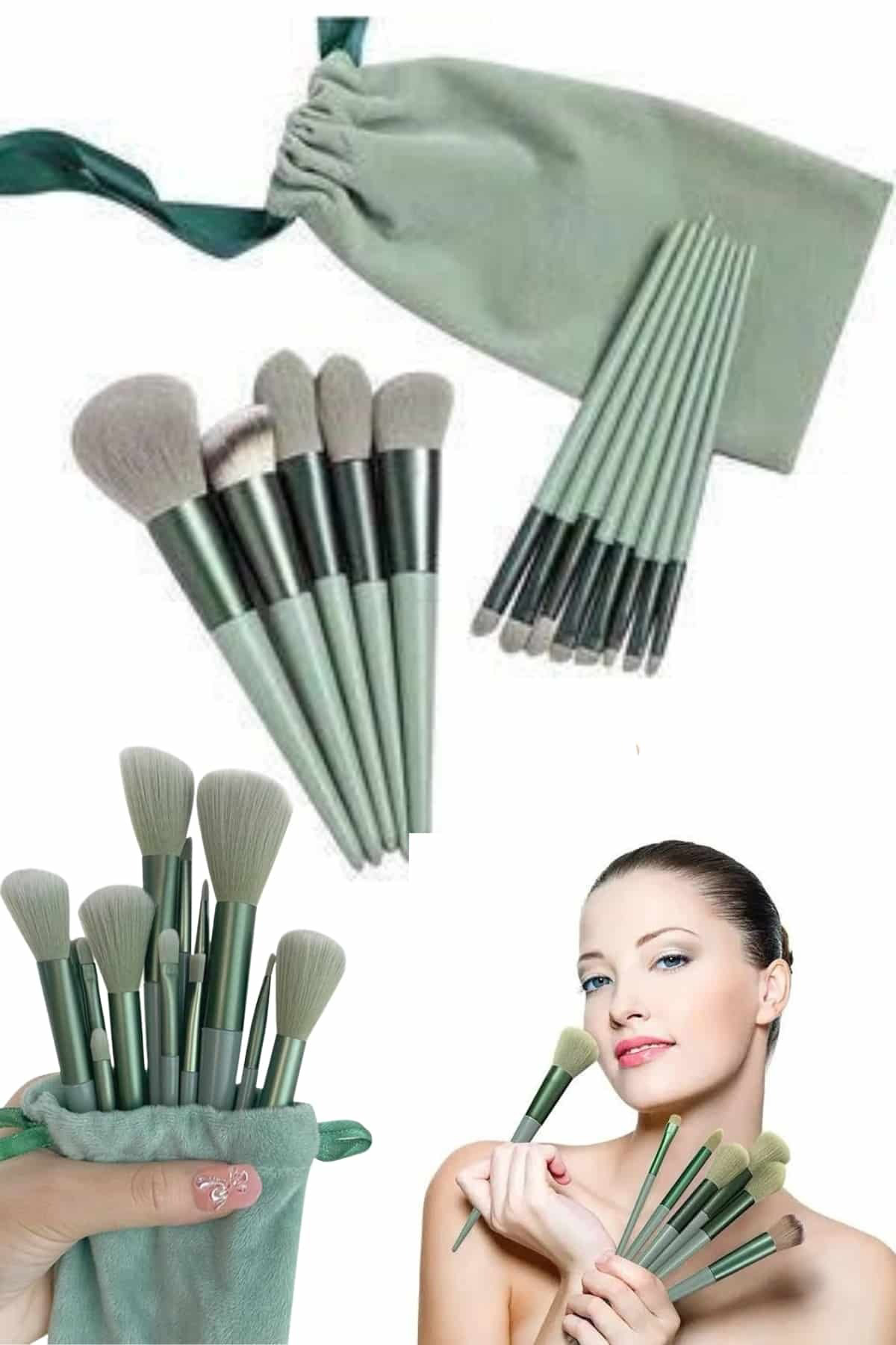 Makyaj Fırça Seti Yeşil 13 Parça Fondöten Fırçası Allık Fırçası F