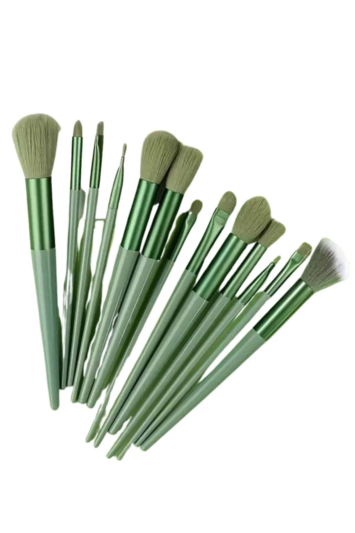 Makyaj Fırça Seti Yeşil 13 Parça Fondöten Fırçası Allık Fırçası F