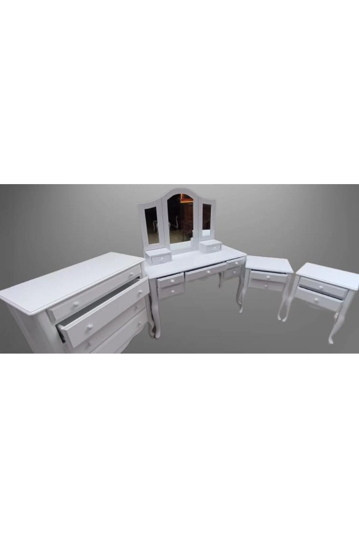Makyaj Masa 12550 7Çekme SET Kanat ayna Puf Modl Kayın Aslan Ayk Komod Beyaz Lake Makyaj Masa 12550 7Çekme SET Kanat ayna Puf Modl Kayın Aslan Ayk Komod Beyaz Lake - Görsel 5