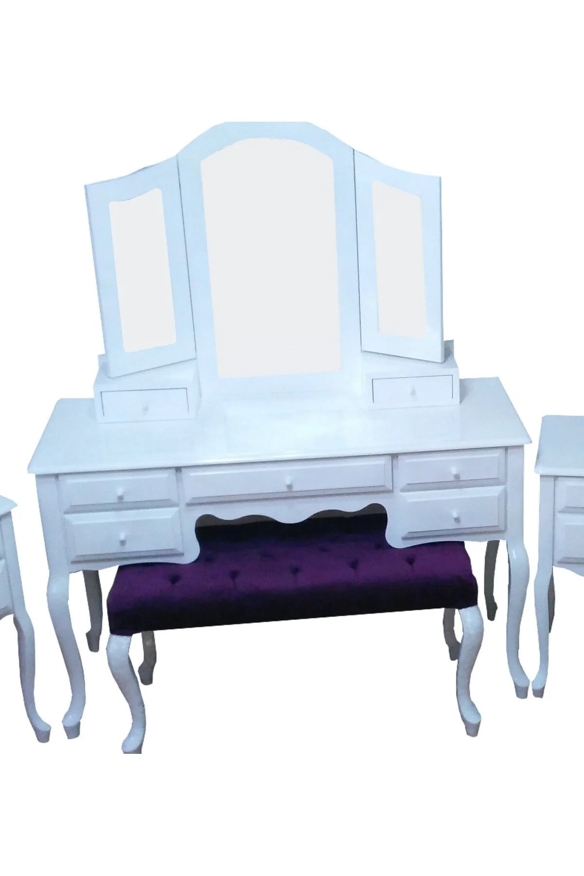 Makyaj Masa 12550 7Çekme SET Kanat ayna Puf Modl Kayın Aslan Ayk Komod Beyaz Lake Makyaj Masa 12550 7Çekme SET Kanat ayna Puf Modl Kayın Aslan Ayk Komod Beyaz Lake - Görsel 2