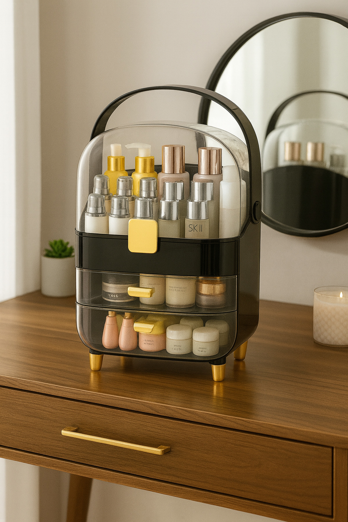 Pazar Kapısı Makyaj Organizer Şeffaf Kapaklı Büyük Boy Lüks Kozmetik Düzenleyi