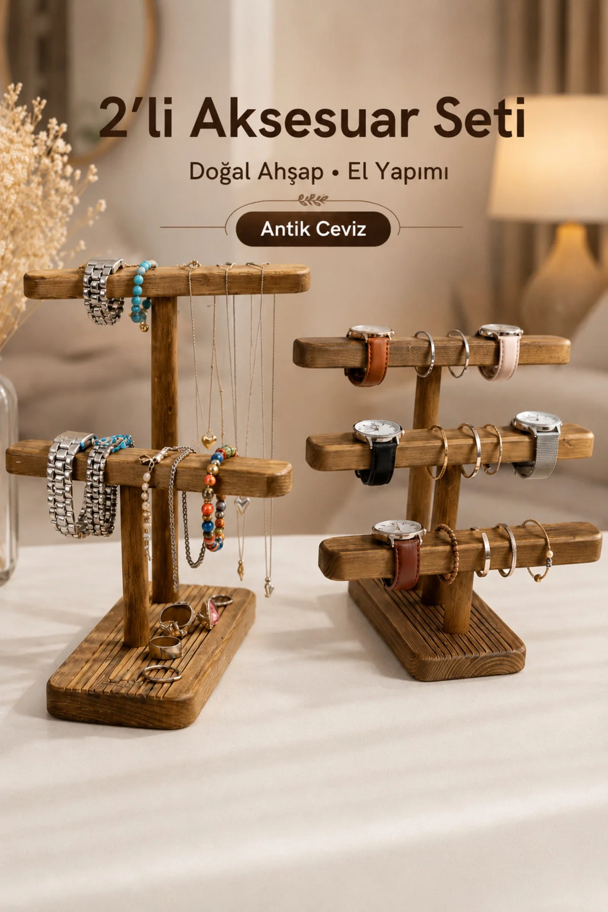 Makyaj Organizeri Seti Ahşap Takı Standı Kolye Saat Küpe Bileklik Düzenleyici