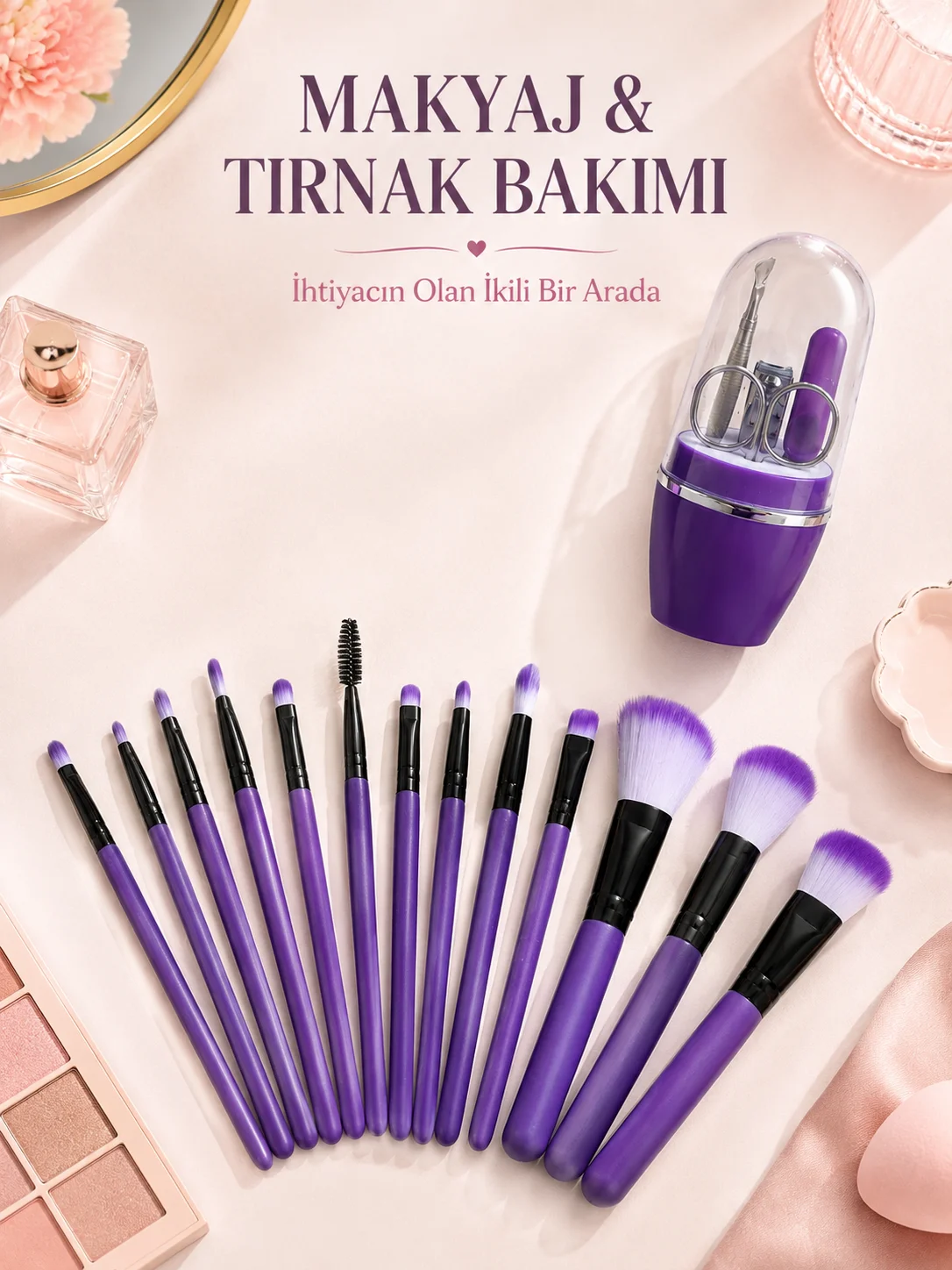 Makyaj ve Tırnak Bakım Seti 12’li Mor Makyaj Fırçaları Manikür Pedikür Seti Günlük Kişisel Bakım Paketi Fiyatı, Yorumları ve Özellikleri