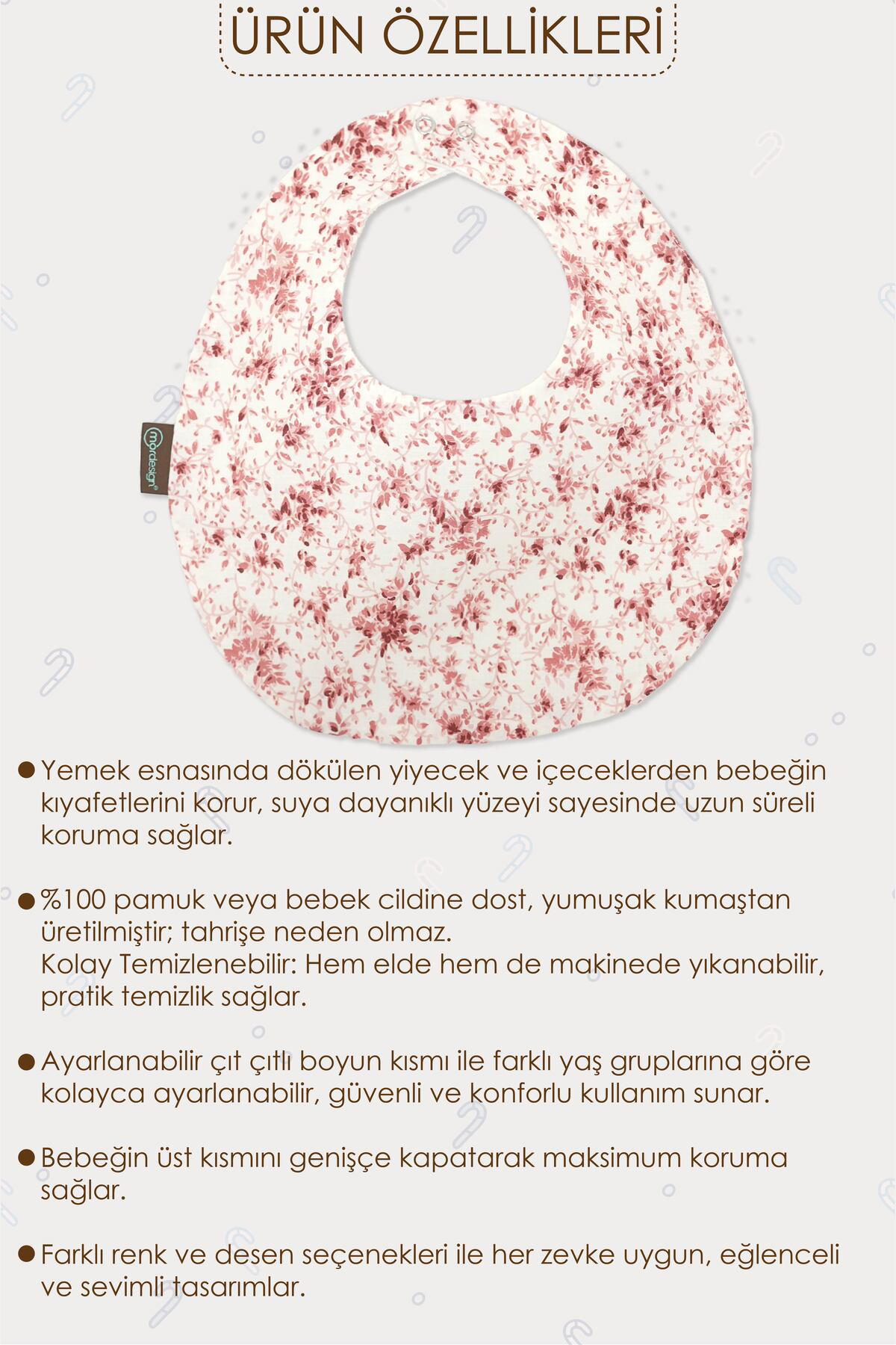 Mordesign Mama Önlüğü, Sıvı Geçirmez, Ayarlanabilir Çıtçıtlı Mama Önlüğü, B