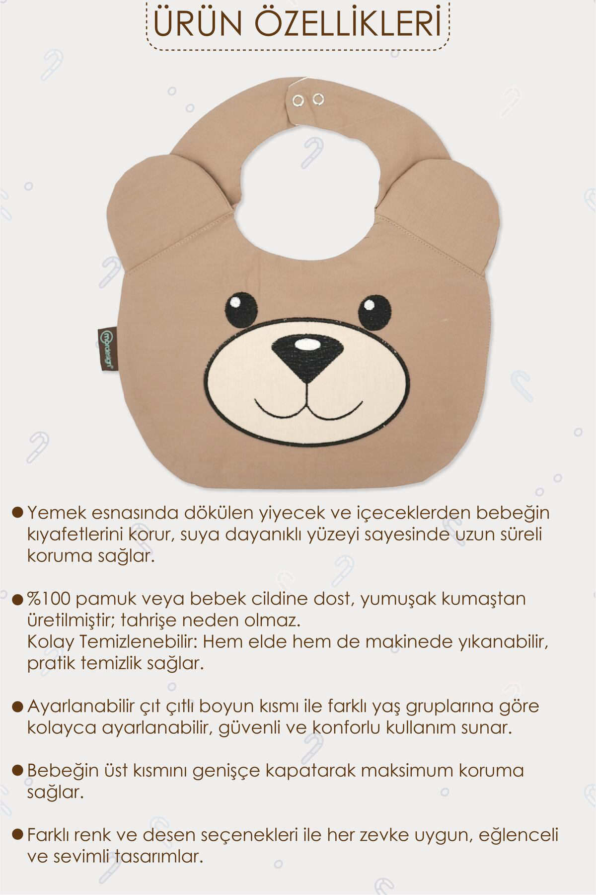 Mordesign Mama Önlüğü, Sıvı Geçirmez, Ayarlanabilir Çıtçıtlı Mama Önlüğü, B