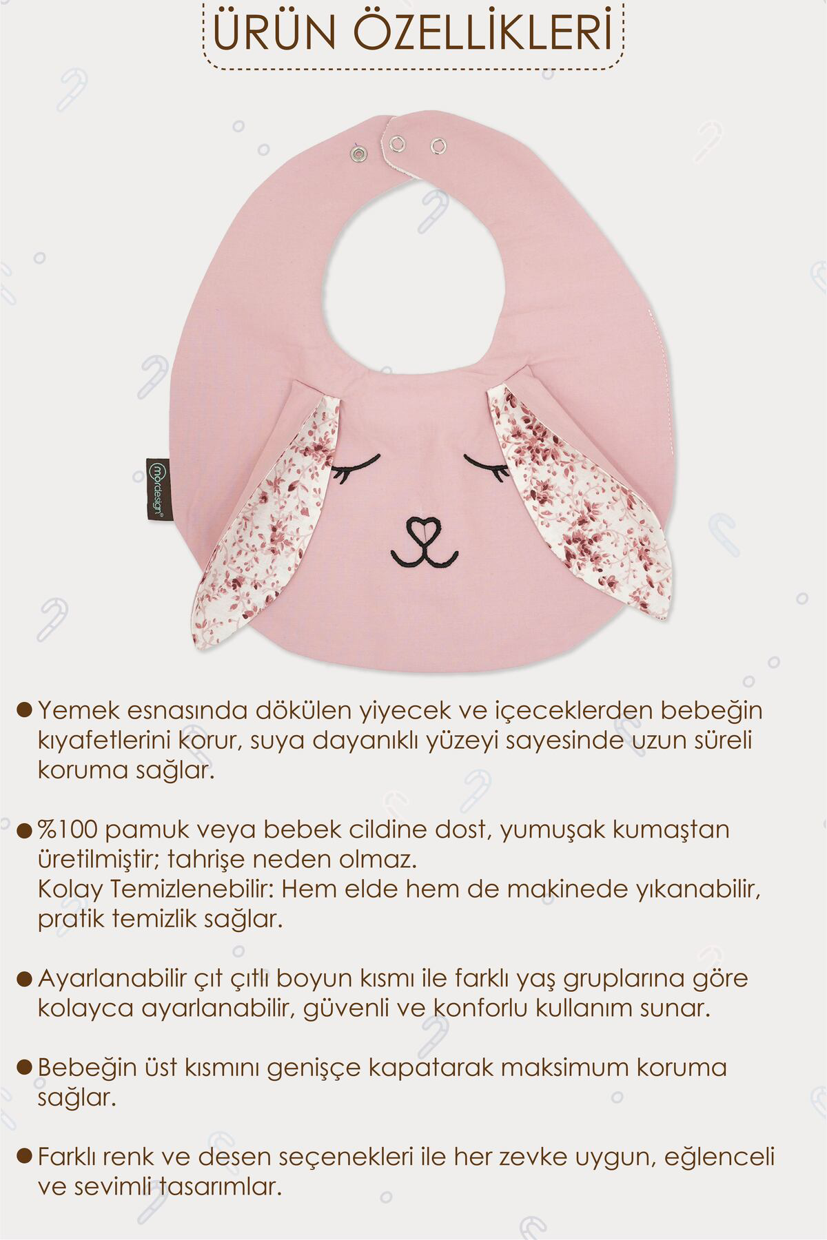 Mordesign Mama Önlüğü, Sıvı Geçirmez, Ayarlanabilir Çıtçıtlı Mama Önlüğü, B