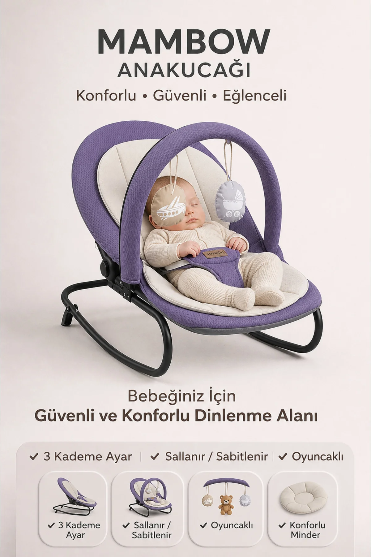 Mambow Ana kucağı, Premium Cotton, 3 Kademe Ayarı, Sallanır, Sabi