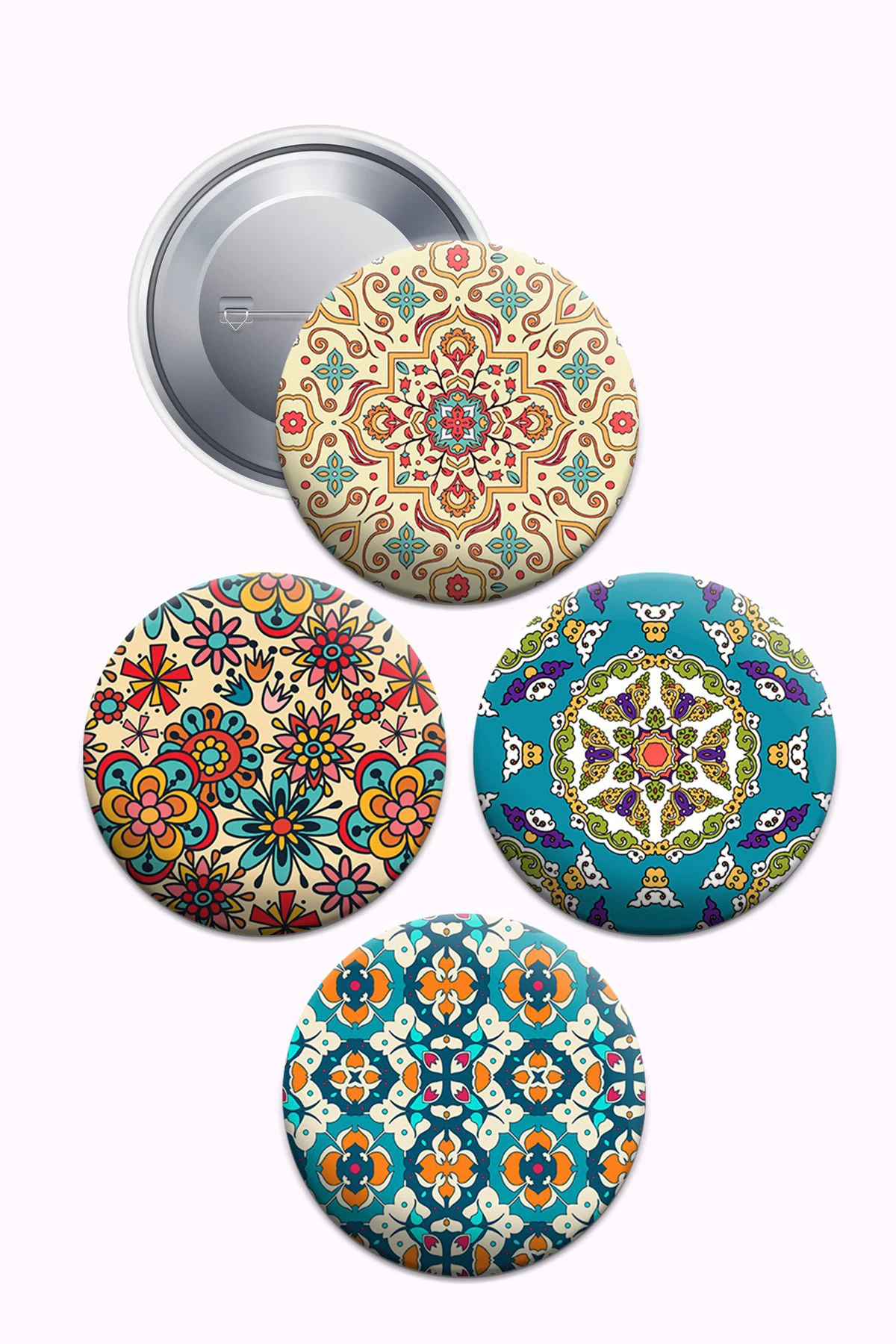 Mandala Desenli Metal İğneli Buton Rozet Seti 44 mm