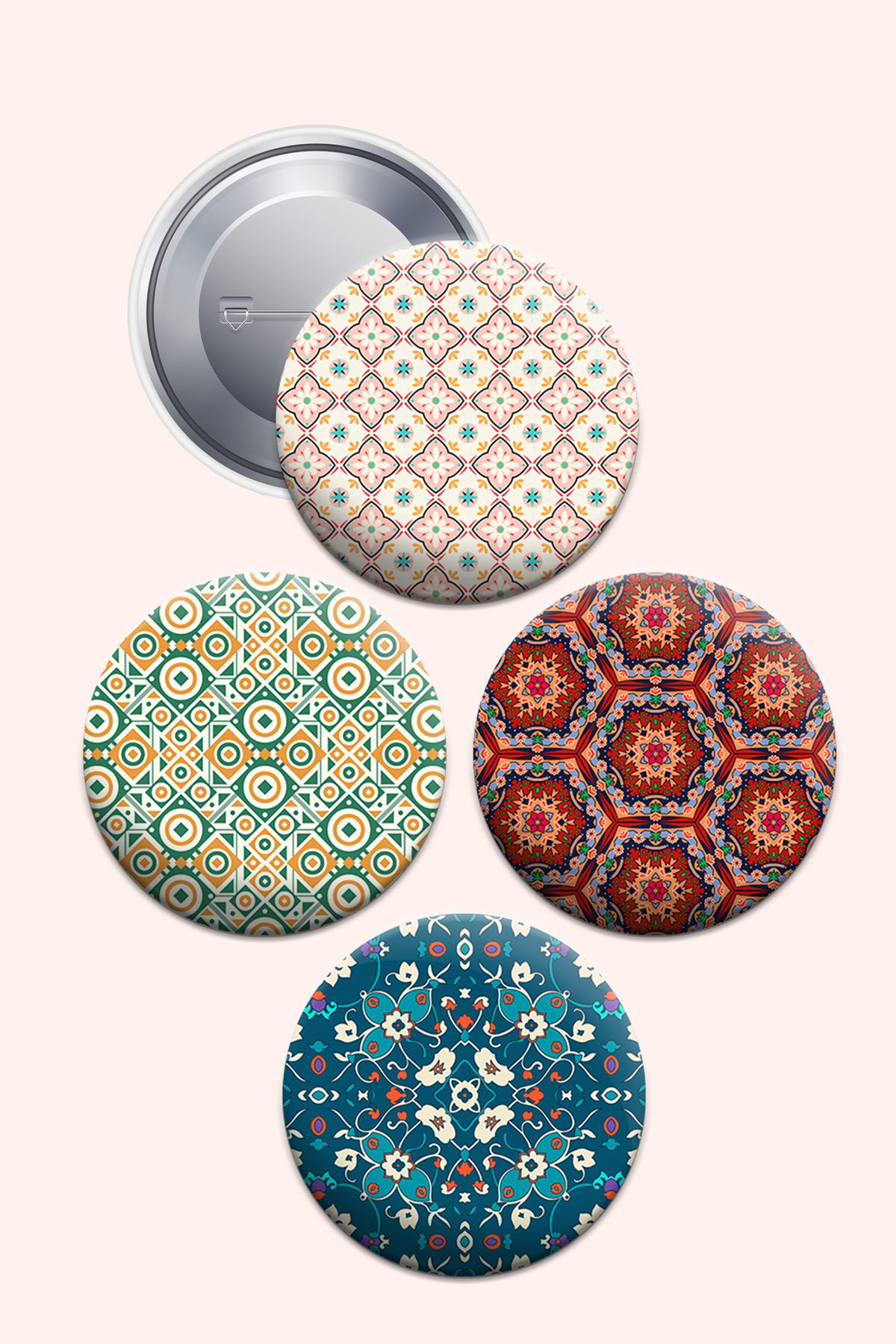 Mandala Desenli Metal İğneli Buton Rozet Seti 44 mm